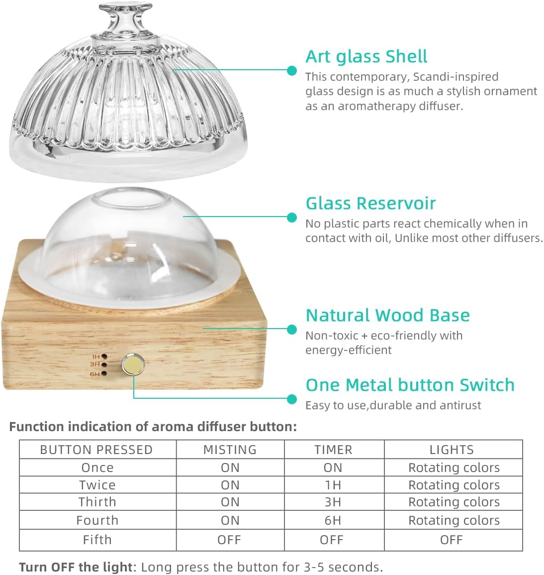 SOICARE Crystal Glass Essential Oil Diffuser, 200Ml Glass Reservoir Diffuser for Essential Oils with Wood Base, Plastic-Free Aroma Diffuser for Home Office Yoga Pilates Gift (7 Color Changing Lights) image number 2
