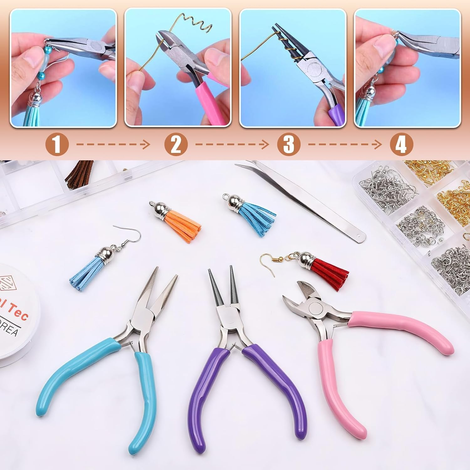Jewelry Making Pliers Set - 4 Pcs Tools with Wire Cutters, round Nose, Chain Nose, Bent Nose - Mini Pliers for Jewelry Repair, Crafts, and Supplies image number 4