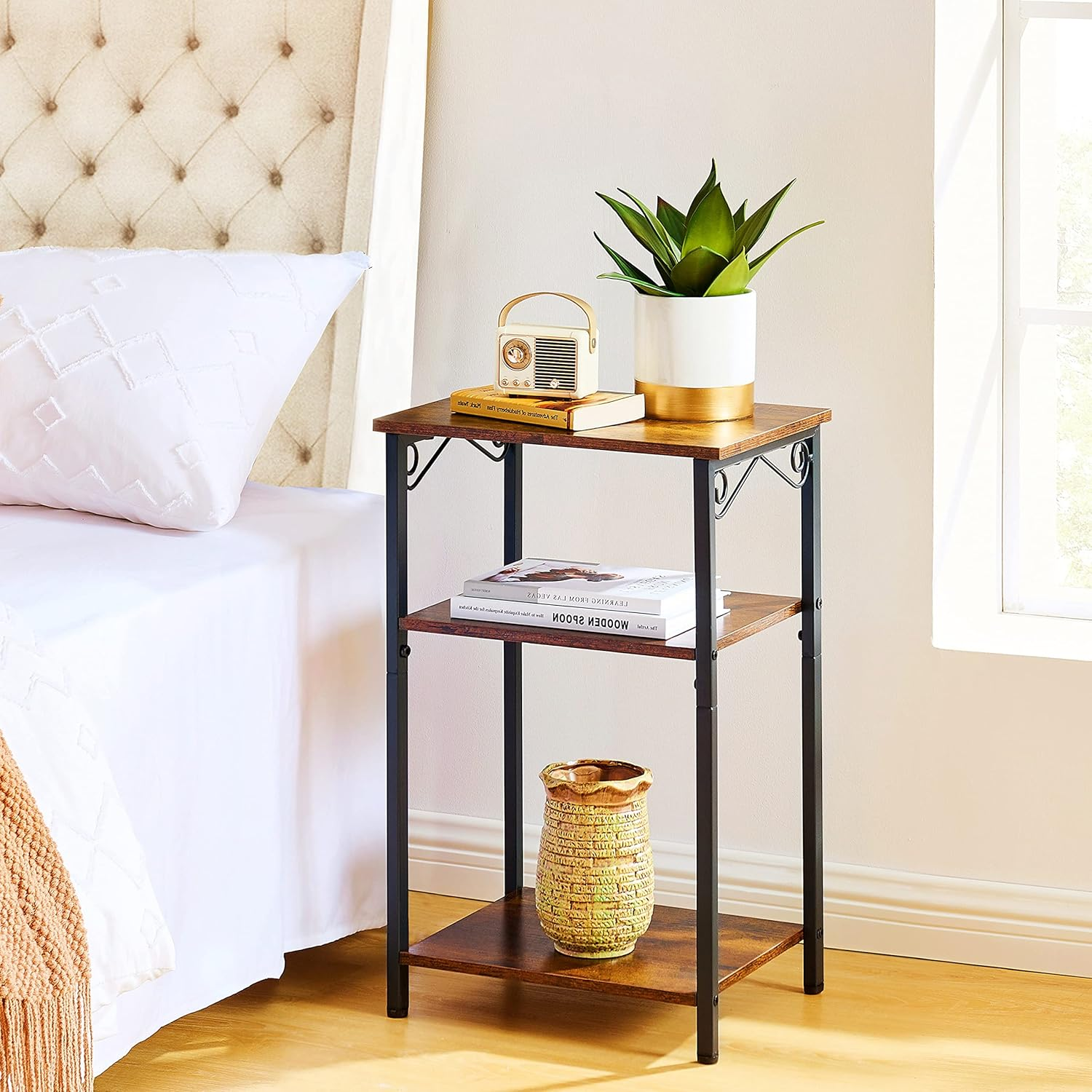 Hoctieon 3 Tier Tall End Table, Slim Night Tables, Narrow Side Table with Storage, Nightstand for Small Spaces, Metal Frame, for Living Room, Bedroom, Sofa Couch, Hall, Easy Assembly, Rustic Brown image number 1