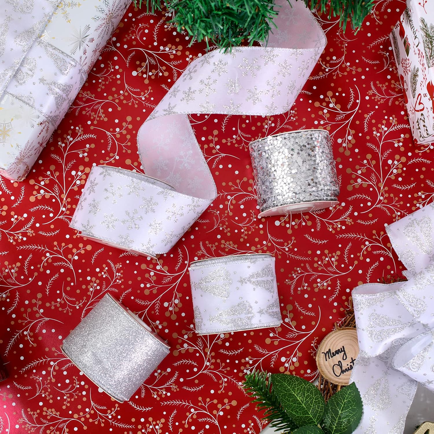 UNIQOOO 40 Yard 4 Rolls Seamless Silver Christmas Wired Ribbon Set, 2.5 Inch X 10Yd. Satin Burlap Wired Edge Ribbon for Xmas Tree D&eacute;cor, Gift Wrap Box, Bows, Wreath, Garland, Floral DIY Craft, Wedding image number 5