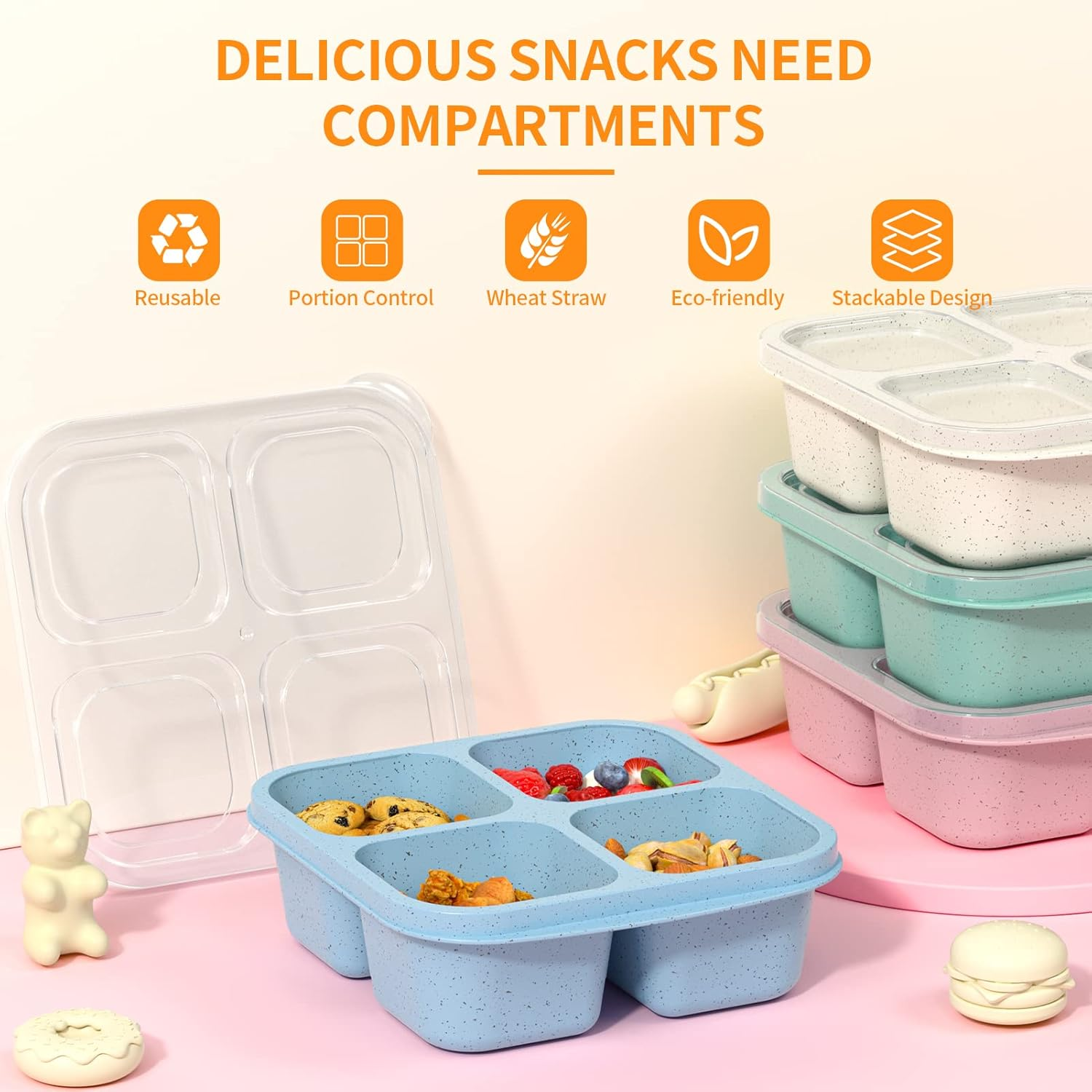 Bento Snack Boxes (4 Pack)- Reusable 4-Compartment Meal Prep Containers for Kids and Adults, Perfect Food Storage School, Compact Stackable (Wheat(Green/Blue/Pk/Beige)) - Green/Blue/Pink/Beige image number 6