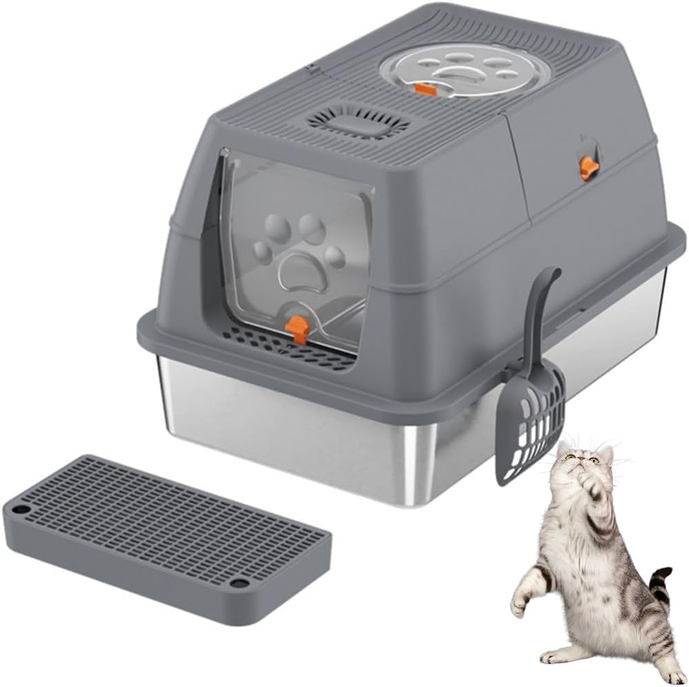 HPAMR Stainless Steel Cat Litter Box with Lid, Large Litter Box, Stainless Steel Cat Litter Box with High Side, Include Cat Mat and Scoop, Enclosed Removable Metal Litter Boxs image number 1