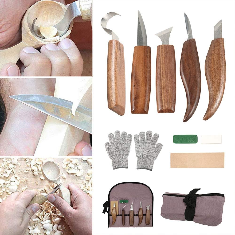 Wood Carving Tools Set, 10Pcs Beginners Wood Carving Kit with Carving Hook Knife, Wood Whittling Knife, Chip Carving Knife, Gloves for Spoon Bowl or General Woodwork for Woodworking image number 2