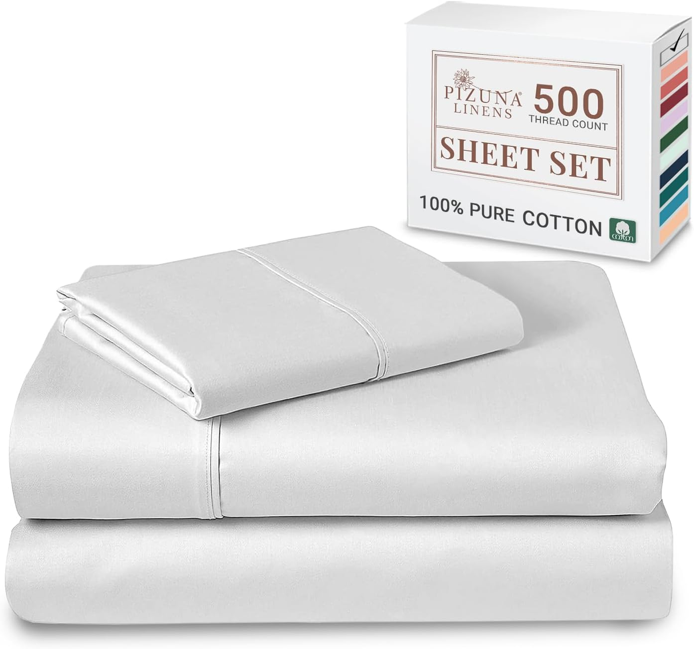 Pizuna Cotton Single Sheet Set, 500 Thread Count 100% Combed Cotton Sateen Weave Single Bed Sheet Set Include 1 Fitted Sheet, 1 Flat Sheet & 1 Pillow Case (Bright White Sheet Set - 3 PC) image number 2