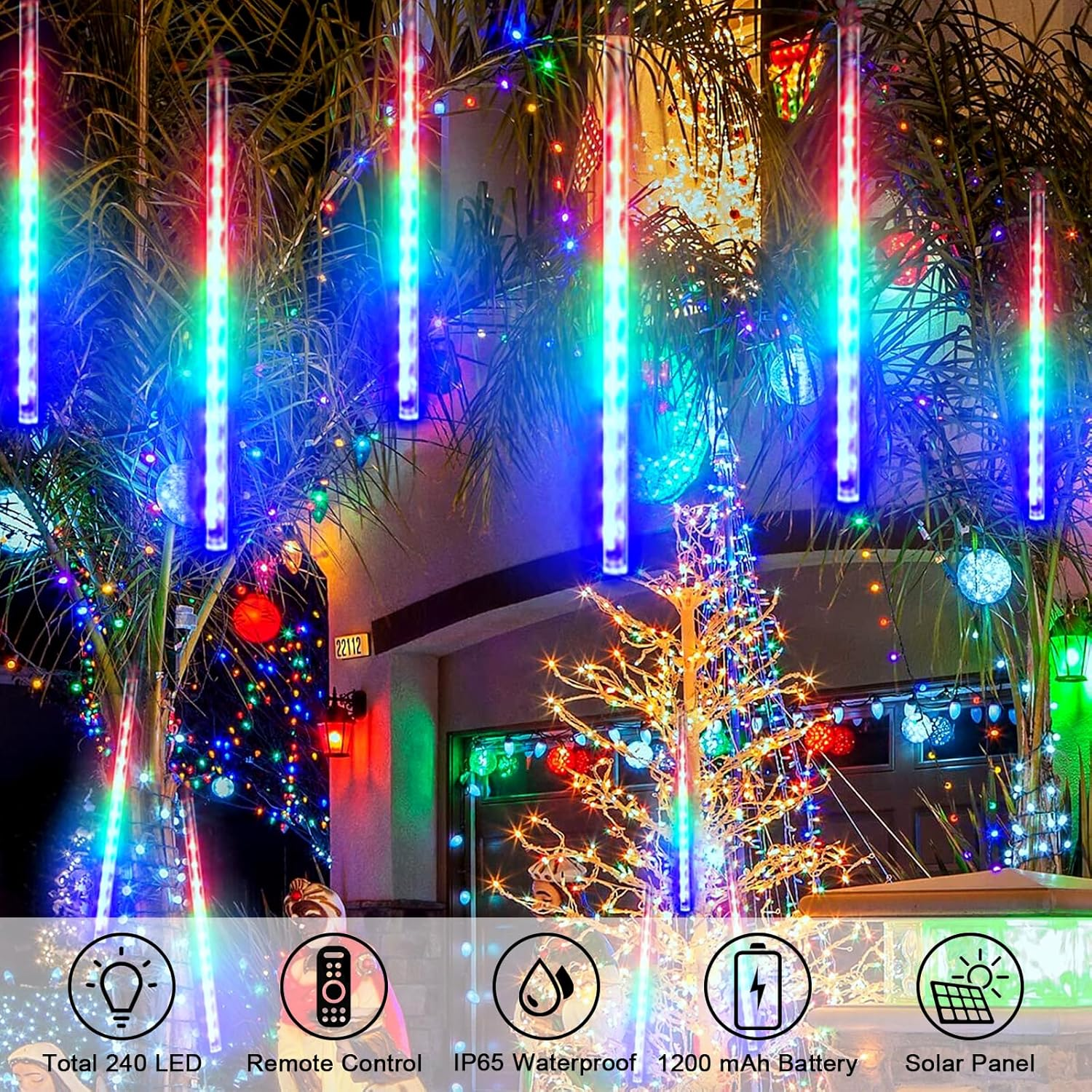 OPAHUTER Solar Meteor String Lights with Remote, 240 Leds Falling Rain Lights, 30Cm 10 Tubes Meteor Shower Rain Lights Waterproof Snowfall LED Lights for Party Wedding Garden Christmas Tree - Multicolor image number 4