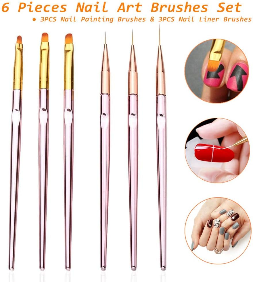 6PCS Nail Art Liner Brushes Set, UV Gel Acrylic Nail Art Drawing Painting Brushes Rose Gold Handle French Stripe Lines Painting Nail Pens image number 4
