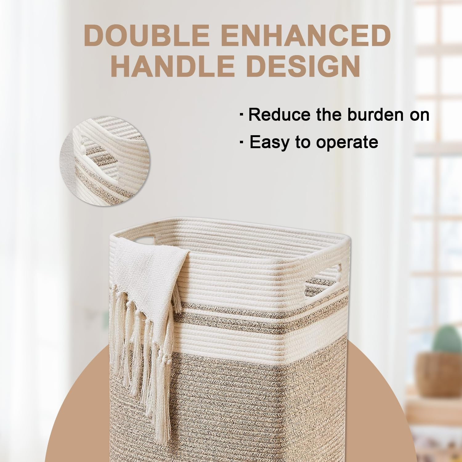 OWNKING Laundry Basket, Tall Woven Cotton Laundry Hamper, Large Capacity Collapsible Storage Basket, Decorative Versatile Blanket Basket for Clothes, Blankets, Toys Storage & Organization, 16X13X22In image number 2