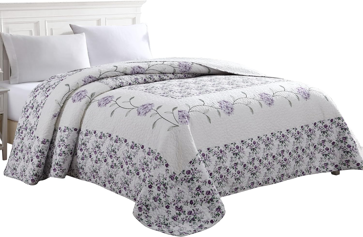 Beatrice Home Fashions Carnation Floral Embroidered Quilted Bedspread, Lightweight, All-Seasons, Full, Lavender