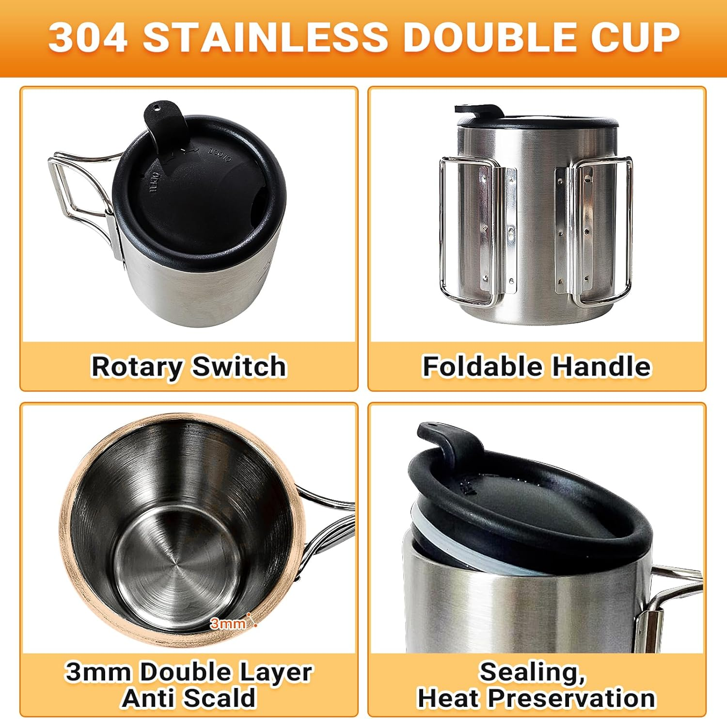 Bulin 2.2 L Camping Tea Kettle with 2 Cups Kettle Outdoor Stainless Steel Cup with Lid and Foldable Handle for Outdoor Picnic Hiking image number 5