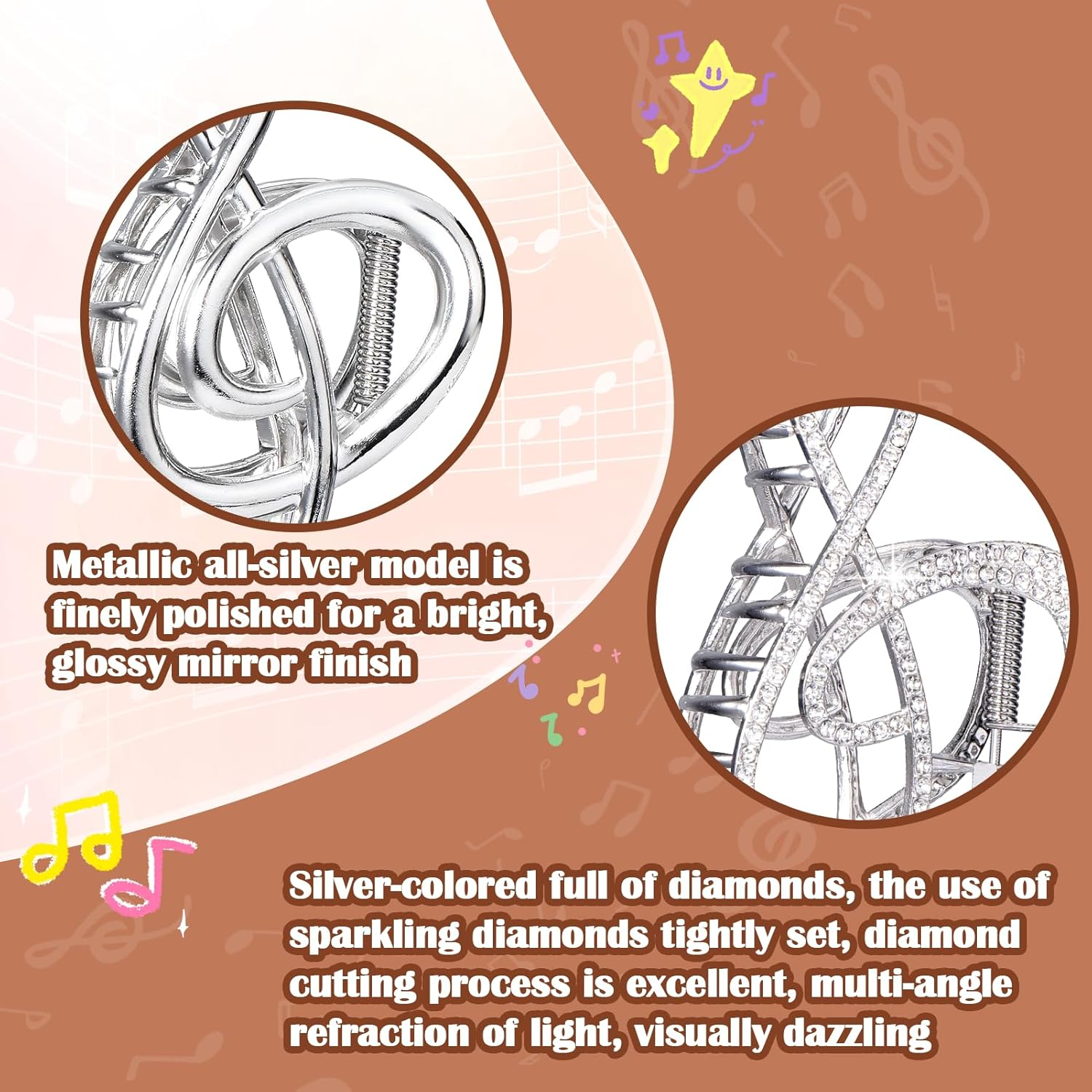 Vodolo Treble Clef Hair Clip,2Pcs Treble Clef Claw Clip for Women Girls,Metal Music Note Hair Claws with Pearl image number 6