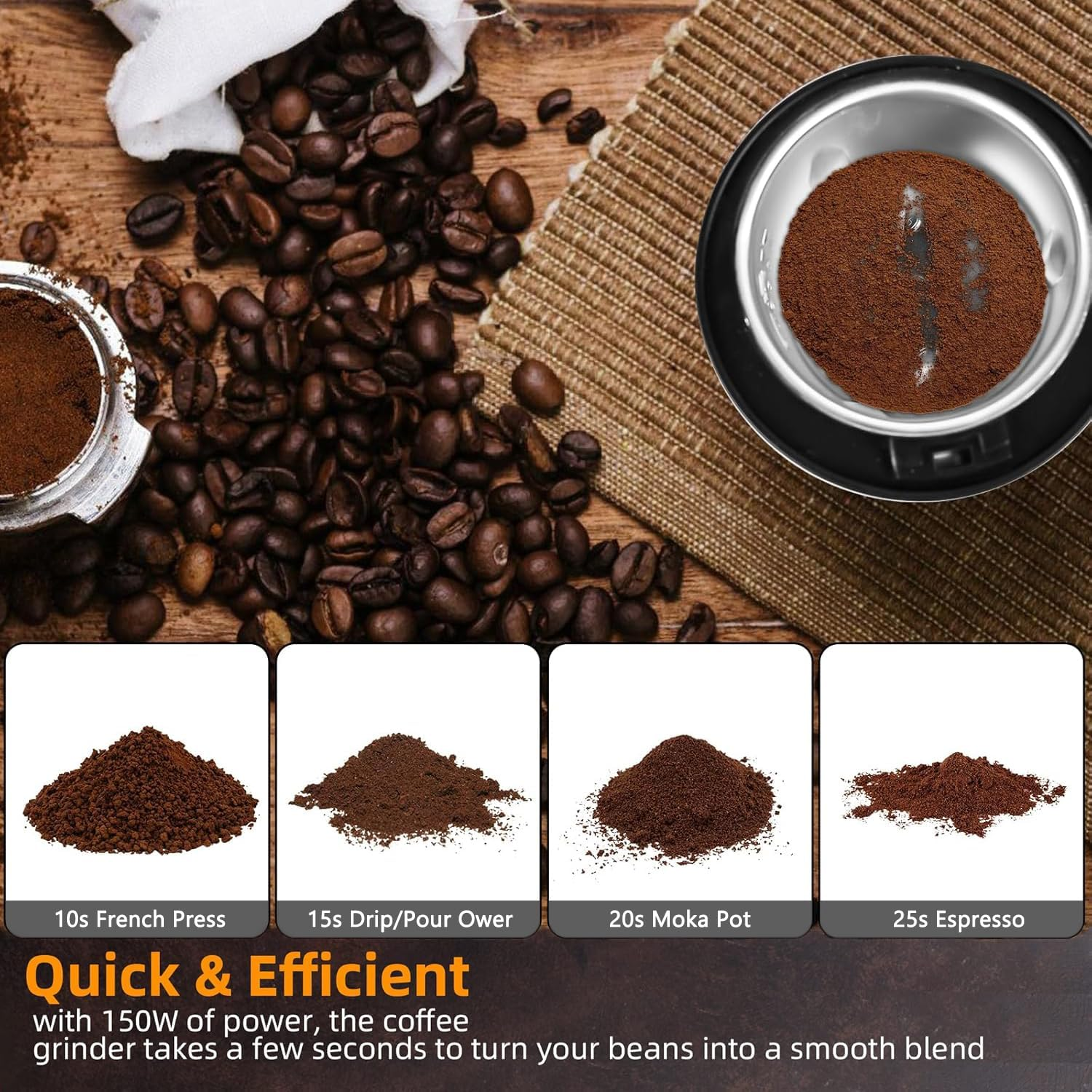 Electric Coffee Grinder, Espresso Bean Spices Grinder, One Touch Portable - 150W, for Coffee, Spices, Herbs, Nuts, Grains