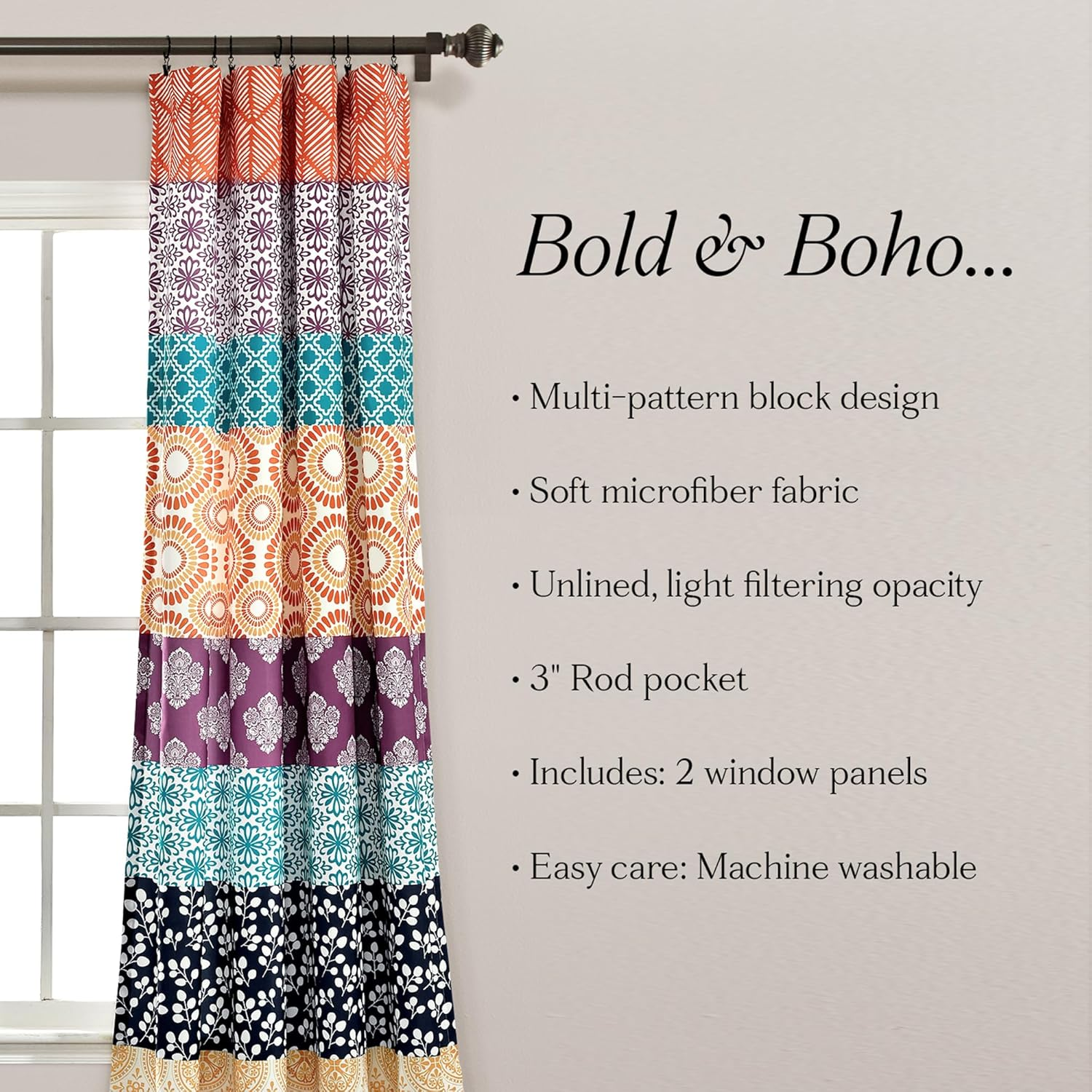 Bohemian Stripe Window Curtain Panels Fuchsia/Orange 52X108 Set