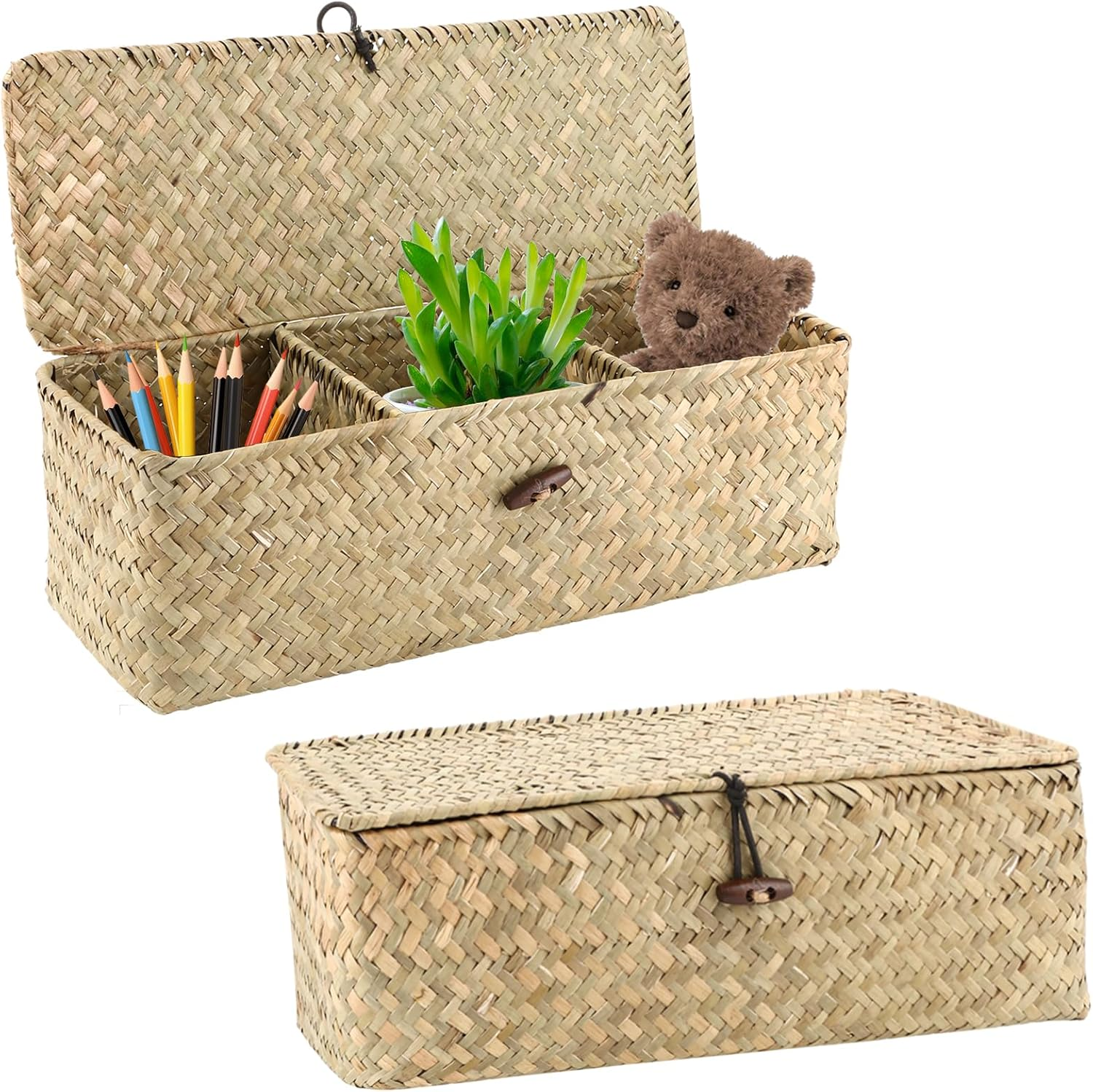 APACALI Pack of 2 Seagrass Storage Basket with Lid, Rectangular Rattan Storage Basket with Compartment, Natural Braided Baskets, Wicker Baskets for Shelves, Organisation of Natural Seagrass