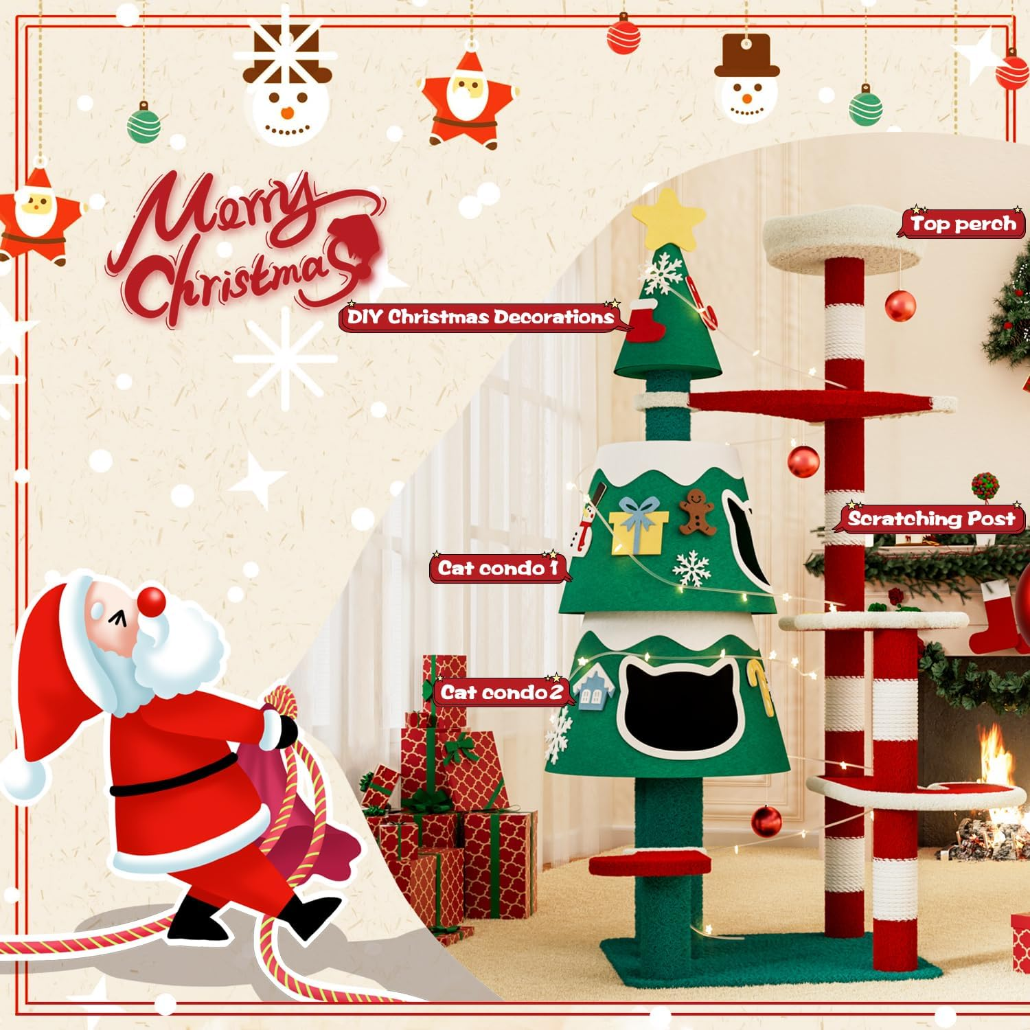 Christmas Cat Tree, Cat Tower for Large Cats with 2 Condos, Indoor Cat Tree Tower 144 Cm image number 1