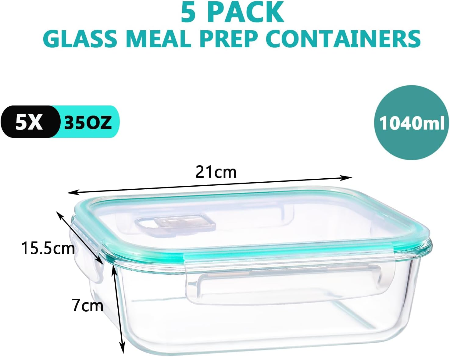Feshory 5 Pack Airtight Glass Food Storage Containers with Lids (1040 Ml/35Oz) - Glass Meal Prep Food Containers, Lunch Box Safe for Microwave, Freezer, Dishwasher Kitchen Storage & Organisation image number 4