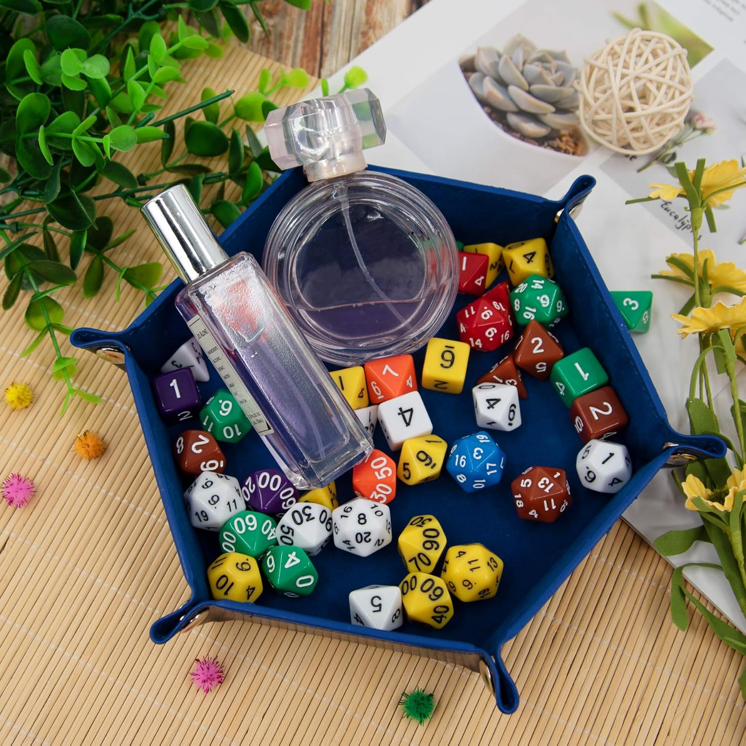 SIQUK 2 Pieces Dice Tray PU Leather Dice Folding Hexagon Tray Dice Holder for Dice Games like RPG, DND and Other Table Games (Red and Royal Blue)