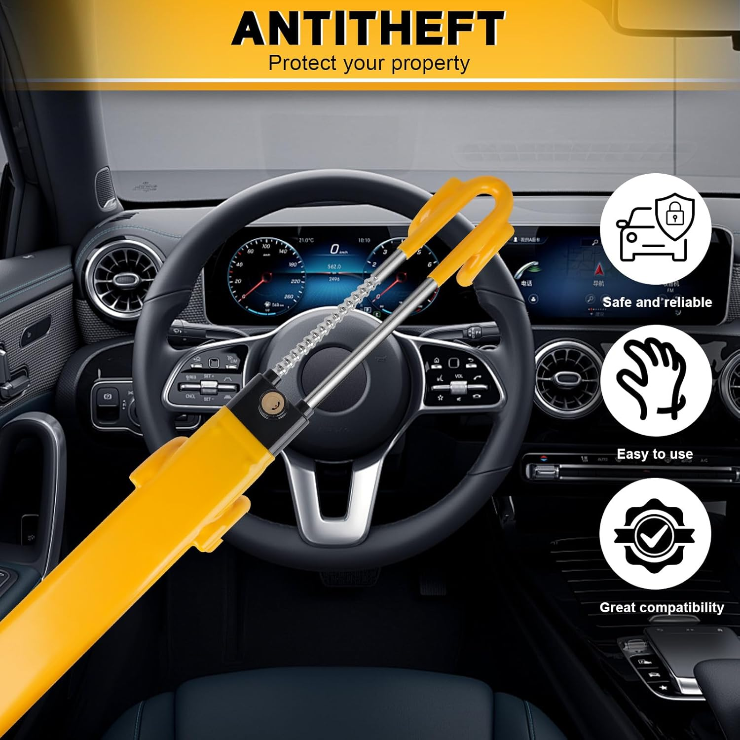 Steering Wheel Lock, Heavy Duty Anti-Theft Security Device for Cars, Adjustable Length Clamp, Double Hook Lock, Suitable for Multiple Car Models image number 3