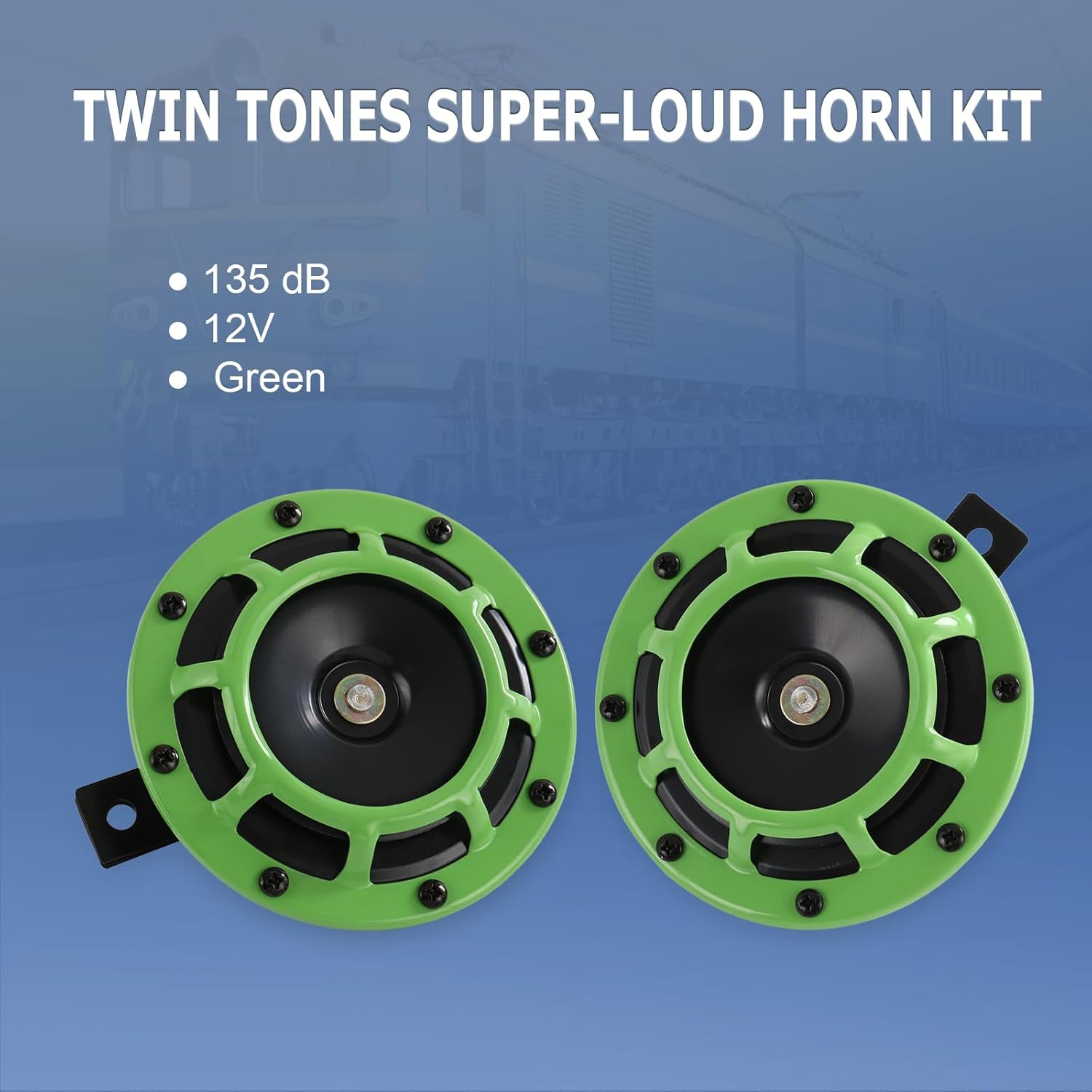 CARMOCAR Eletric Car Horn Kit 12V 135Db Super Loud High Tone and Low Tone Metal Twin Horn Kit with Bracket for Cars Trucks Suvs Rvs Vans Motorcycles off Road Boats (Green) image number 2