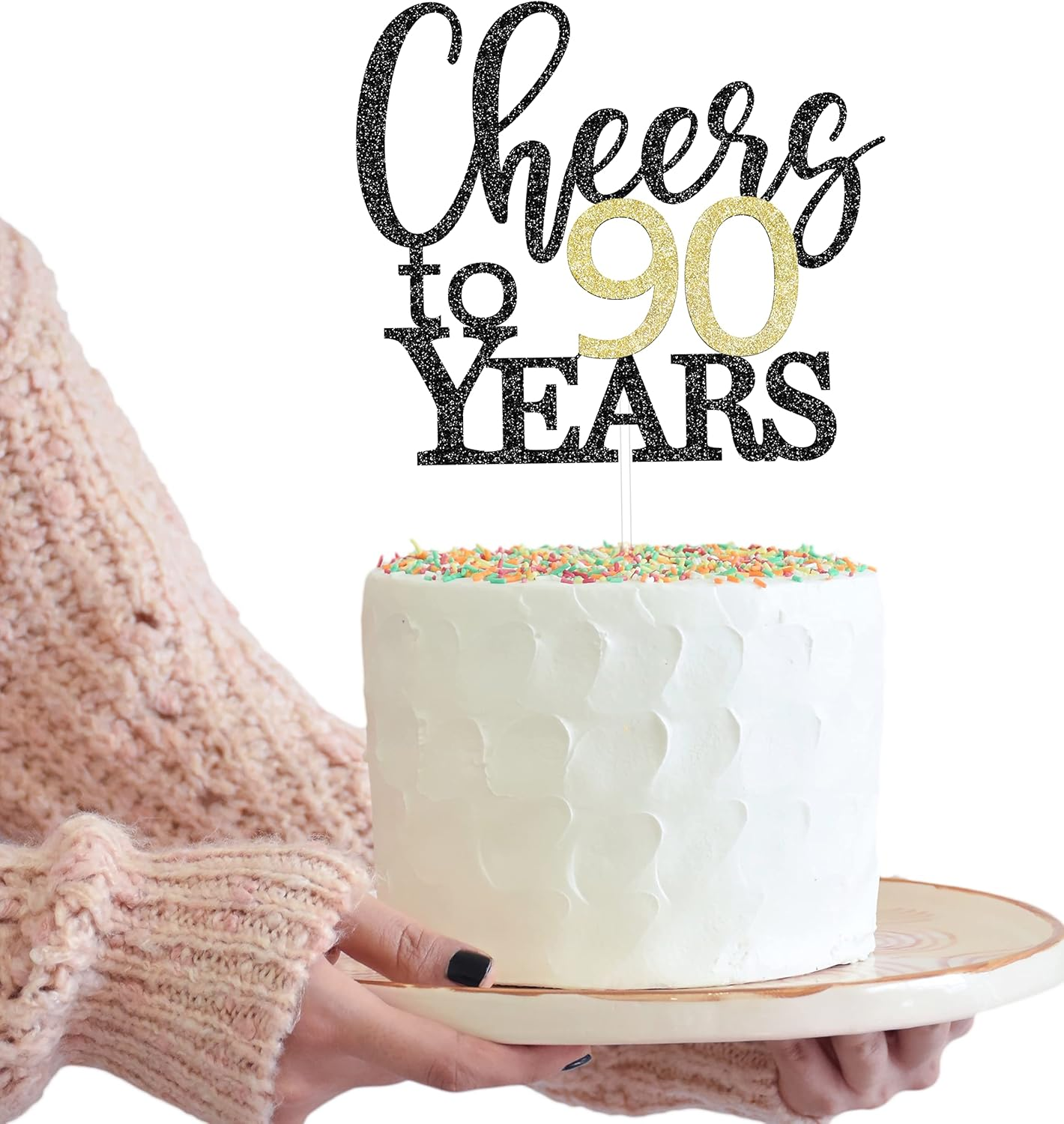 LOVENJOY Cheers to 90 Years Cake Topper for Happy 90Th Birthday Anniversary Cake Decorations, Dual-Side Black and Gold Glitter image number 5