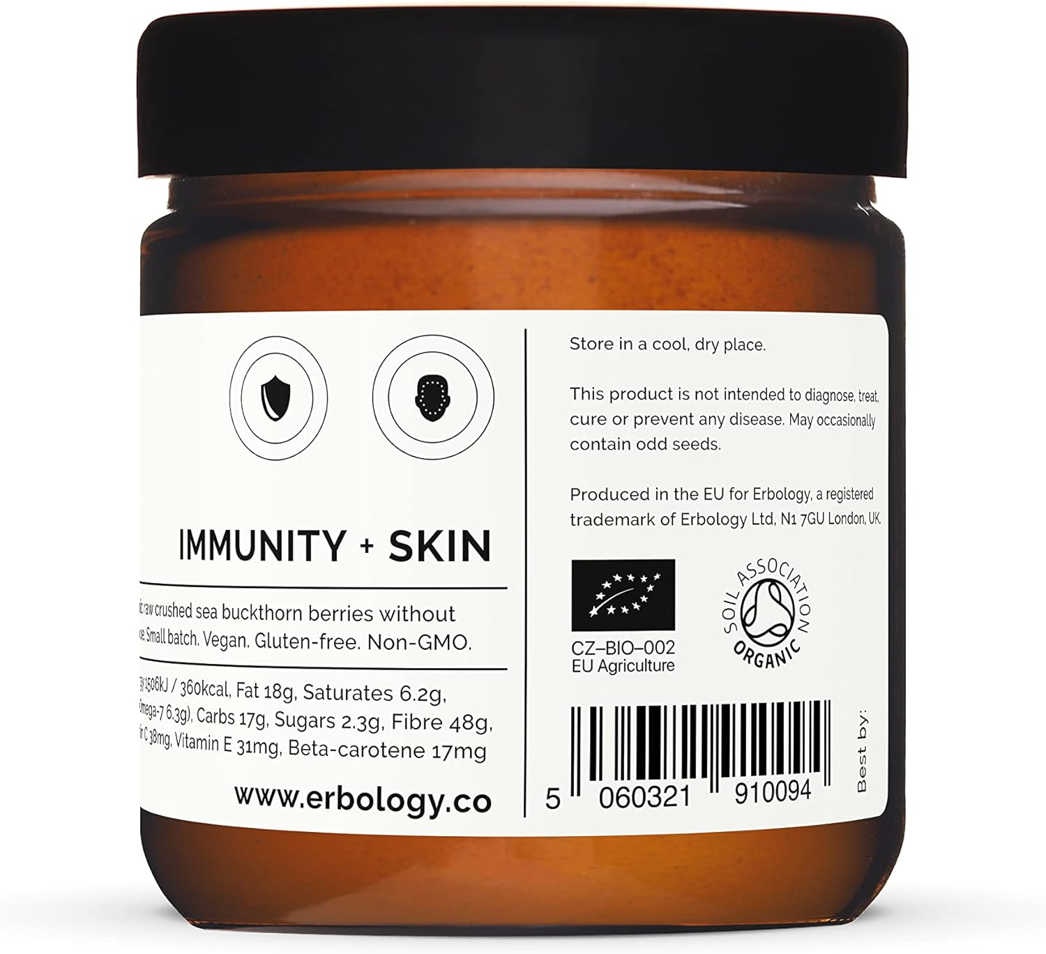 Erbology Organic Sea Buckthorn Powder 50G - 50 Servings - Skin Health and Immunity Support - Rich in Omega-7 (6.5%), Vitamin C and Beta-Carotene - Seeds Removed, More Concentrated - Vegan image number 2