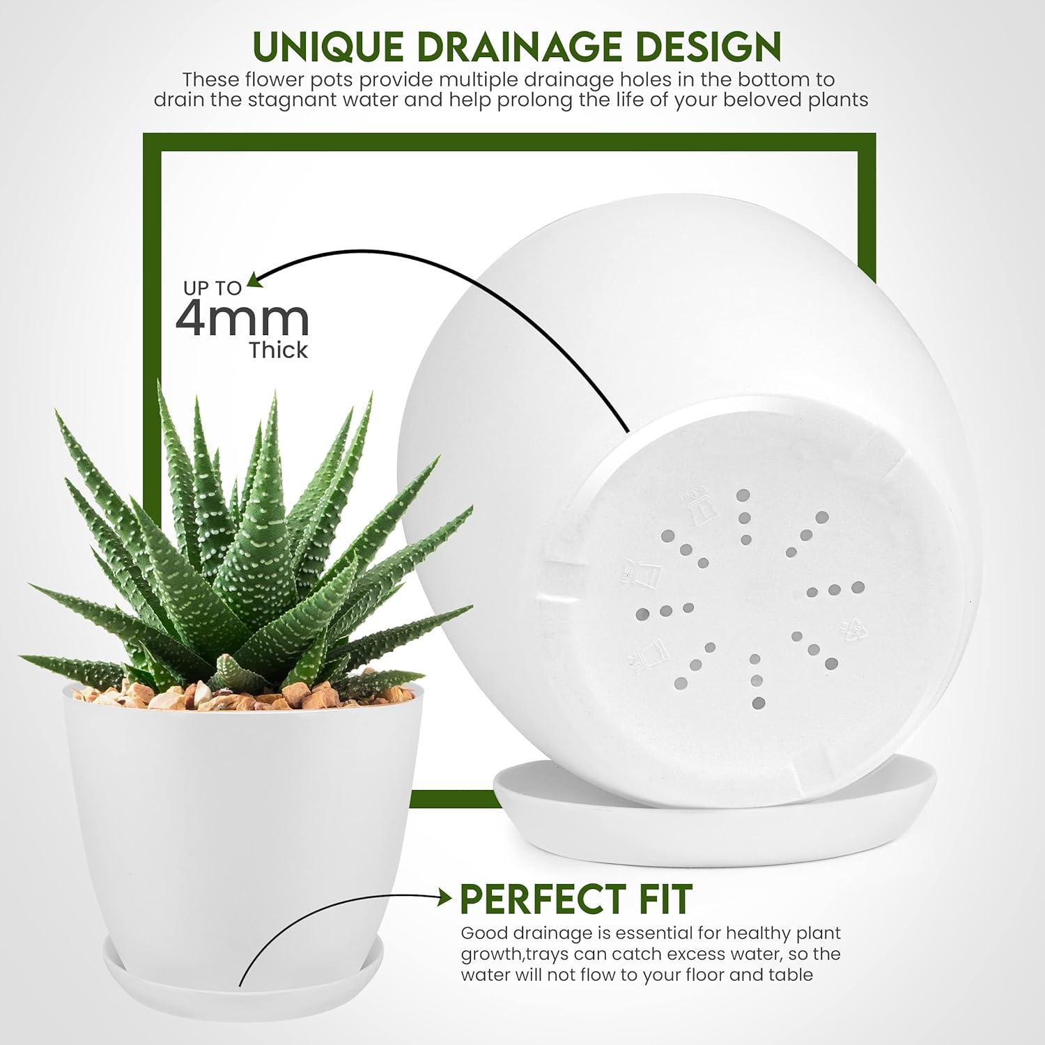 Utopia Home - Plant Pots Indoor with Drainage - 7/6.6/6/5.3/4.8 Inches Home Decor Flower Pots for Indoor Planter - Pack of 5 Plastic Planters for Indoor Plants, Cactus, Succulents Pot - White image number 2