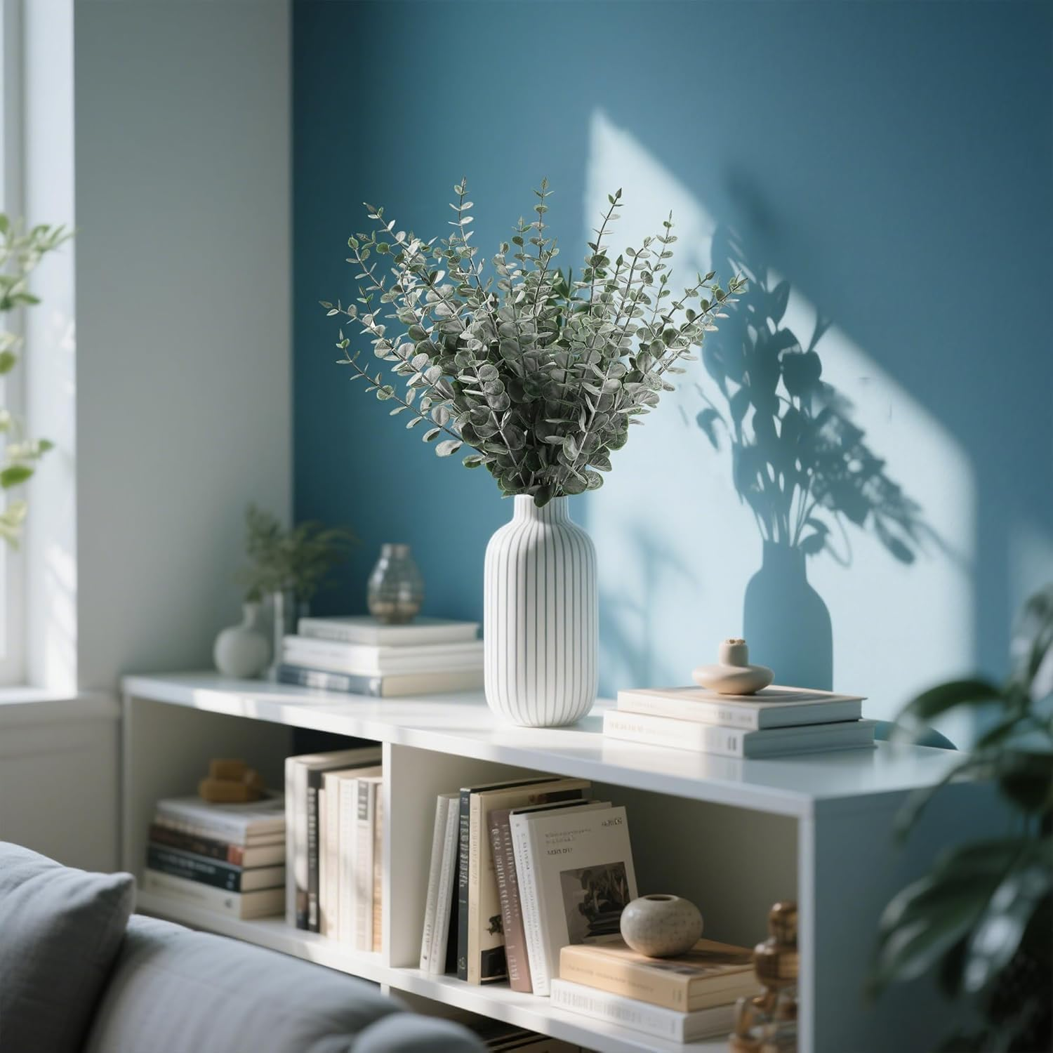 25Pcs Artificial Eucalyptus Stems Fake Leaves Greenery Stems, Realistic Fake Flowers for Home Office Decor, Wedding Bouquet, Centerpiece, Christmas, Fall, and Seasonal Decorations（Dark Green ） image number 1