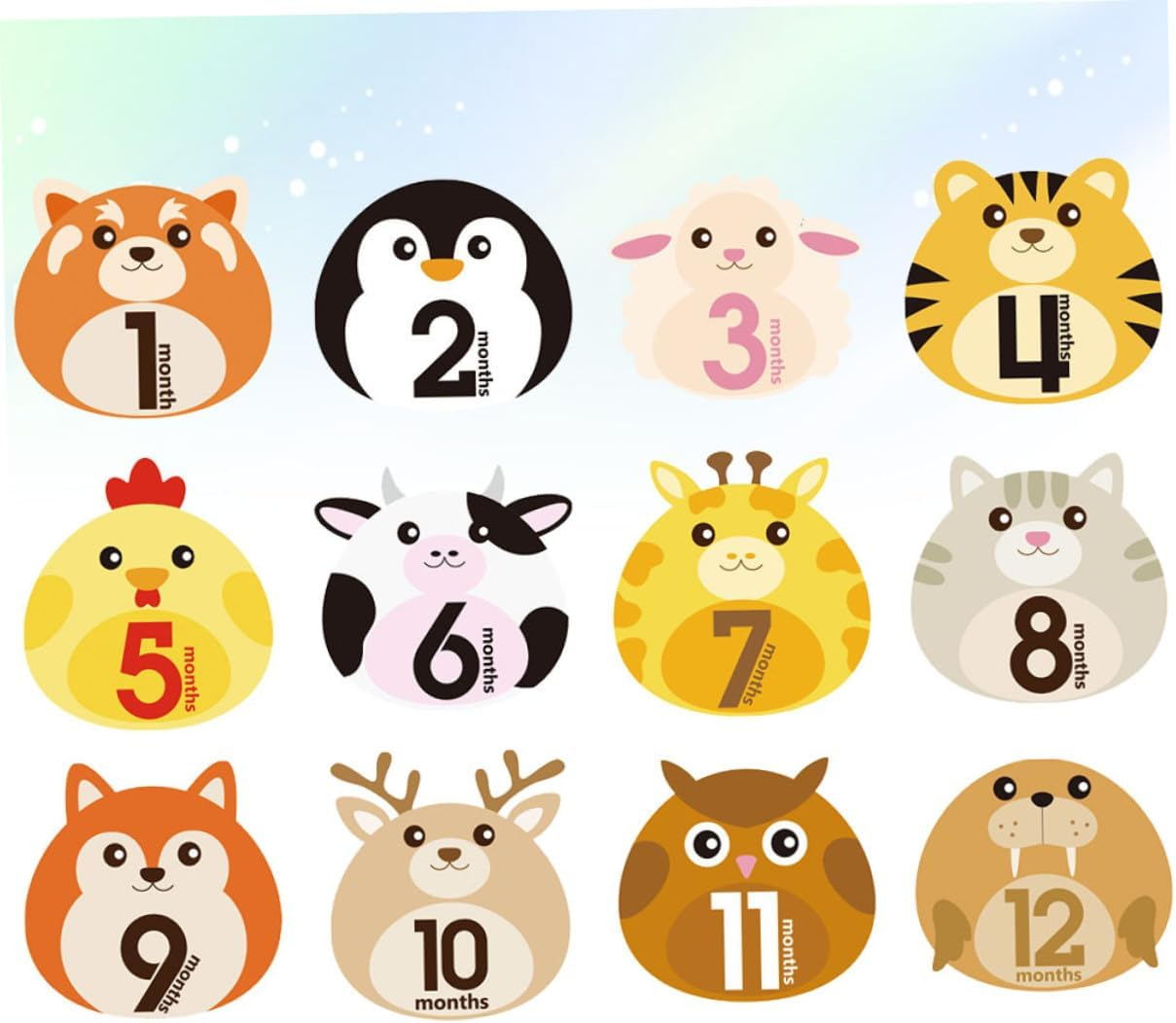 12 Sheets Milestone Stickers Animal Design Self-Adhesive Monthly Decals Reusable for Newborn Photo Albums and Growth Tracking image number 1