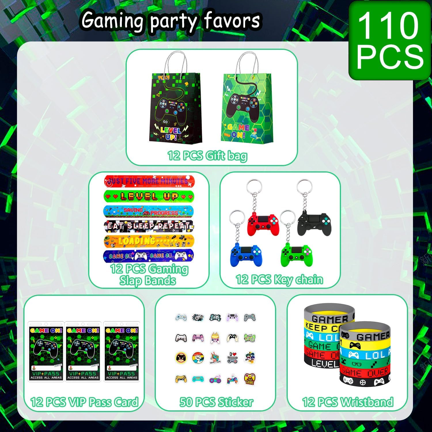 Video Game Party Favors for Kids, 110Pcs Gamer Party Favors Set Including Video Game Wristband Slap Bracelets Keychain Vip Pass Ticket & Gamer Goodie Bags Etc Gaming Party Favors for Boys image number 2