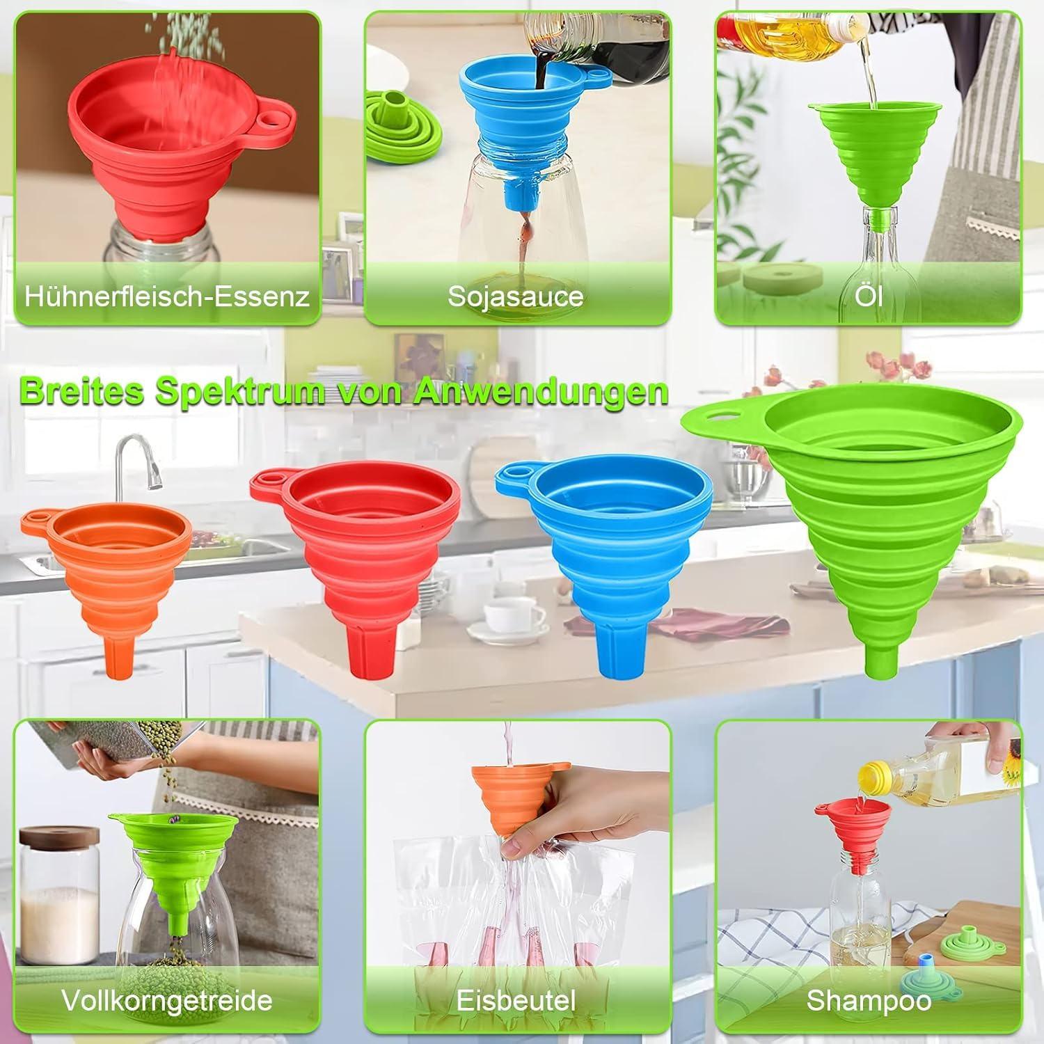 Silicone Collapsible Funnel, 4 Pcs Foldable Kitchen Funnels, Kitchen Funnel with 4 Pcs Transparent Adhesive Hooks for Filling Bottles, Liquid, Powder Transfer (Orange,Red,Blue,Green) image number 6