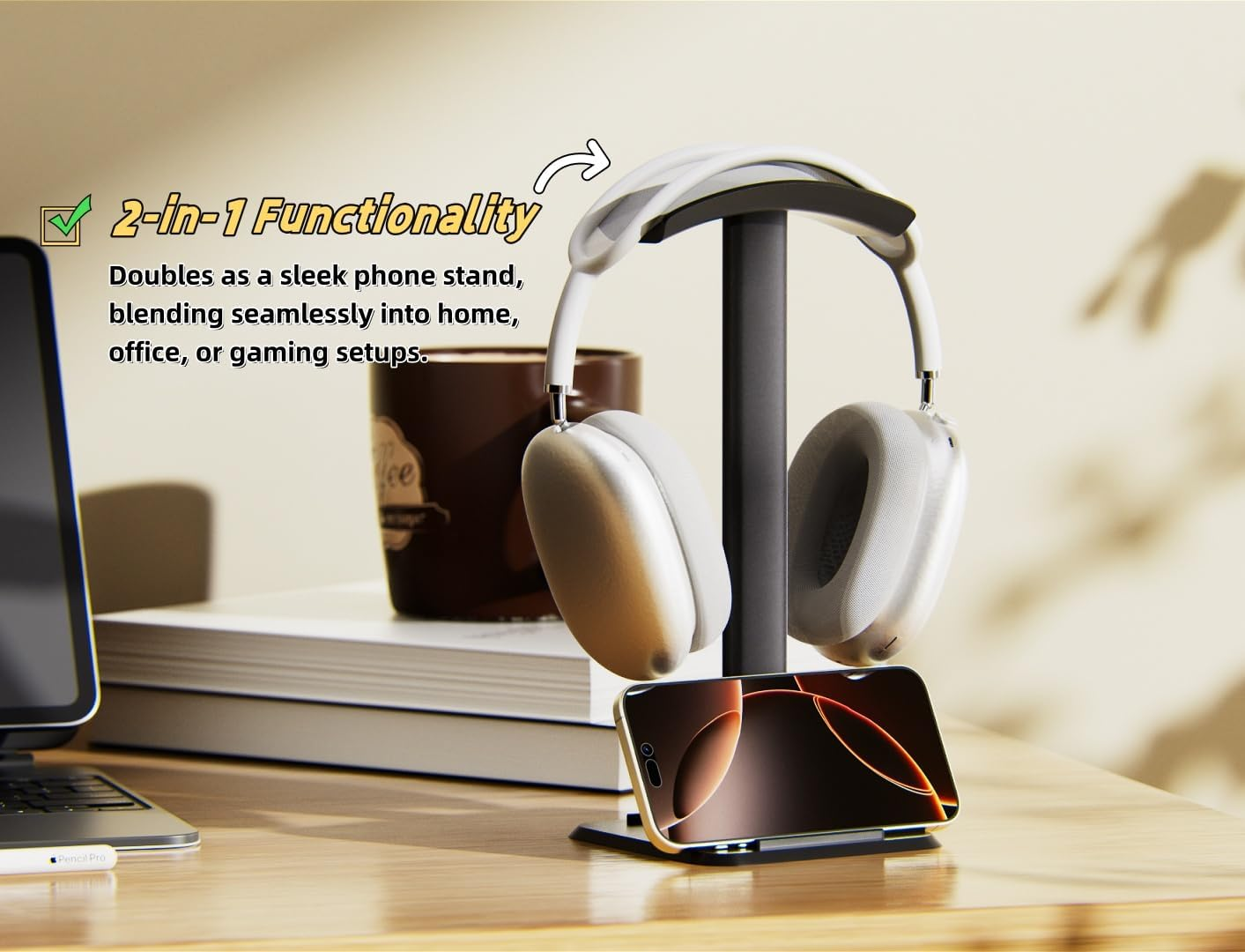 NQQNQQ 【1PACK】 2-In-1 Headphone Stand & Phone Holder &ndash; Aluminum Hanger, Plastic Headrest, Compatible with Airpods Max, Bose, Beats & More. TE-S (Black) image number 2