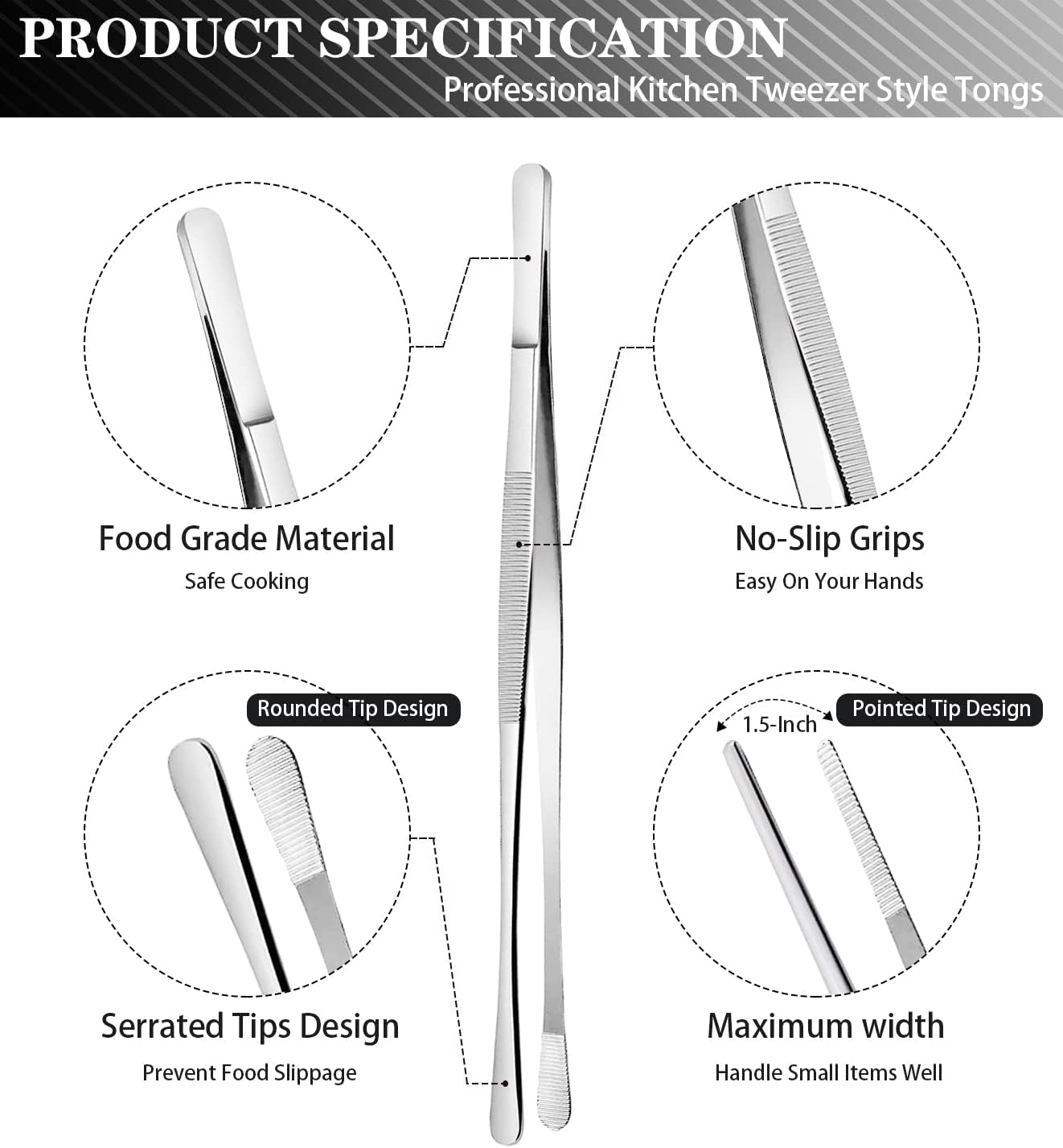 JETKONG 4 Pcs Kitchen Tweezers Tongs Stainless Steel Cooking Tweezers Set, Professional Kitchen Long Tweezer for Cooking, Repairing, and BBQ (10+12-Inch, Silver)