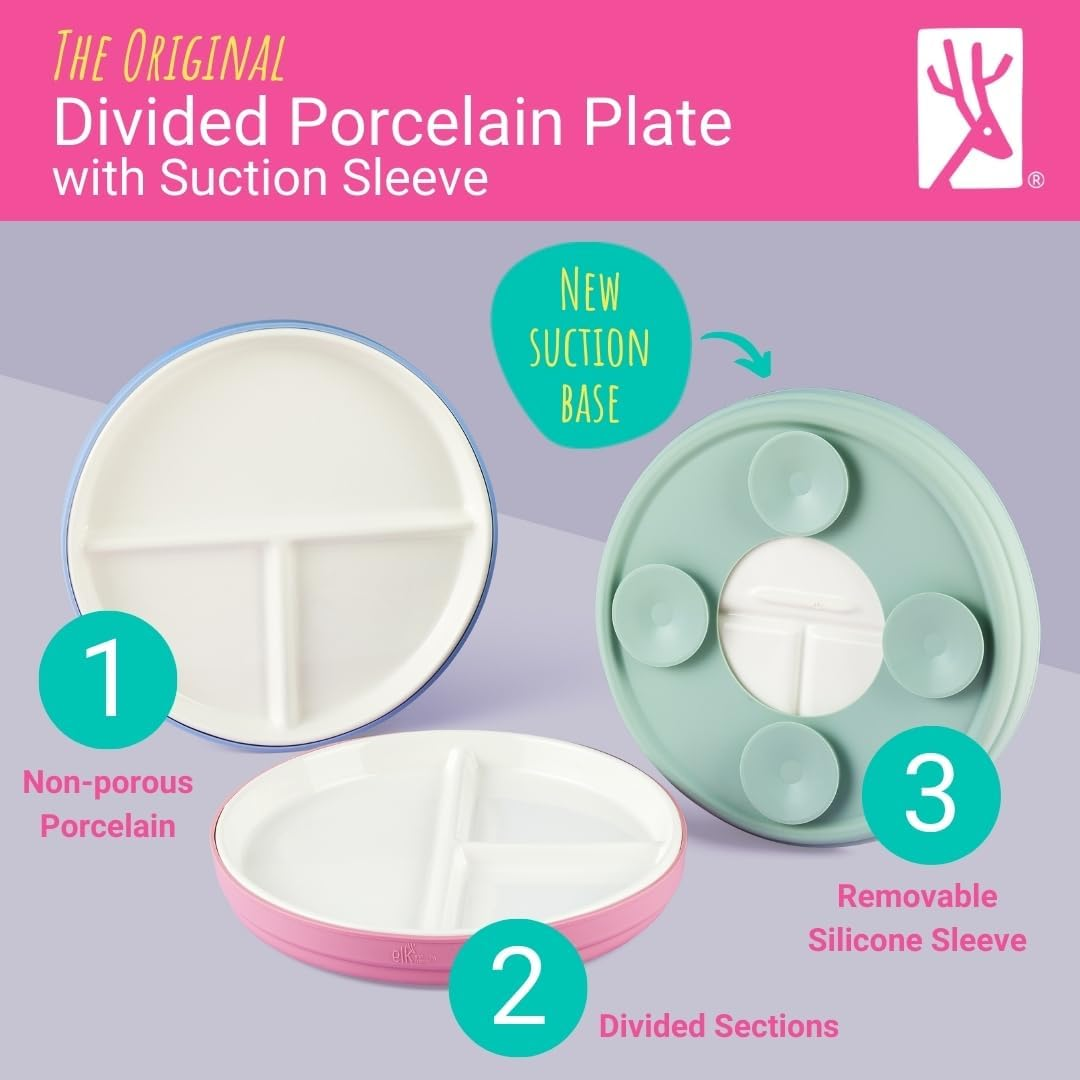 Elk and Friends Kids 7.8&rdquo; Porcelain White Divided Plates with Silicone Suction Sleeves | Suitable for Babies/Toddlers | Microwave & Dishwasher Safe | Stay Put Dinnerware | Snack Dishes | 4 Pack image number 2