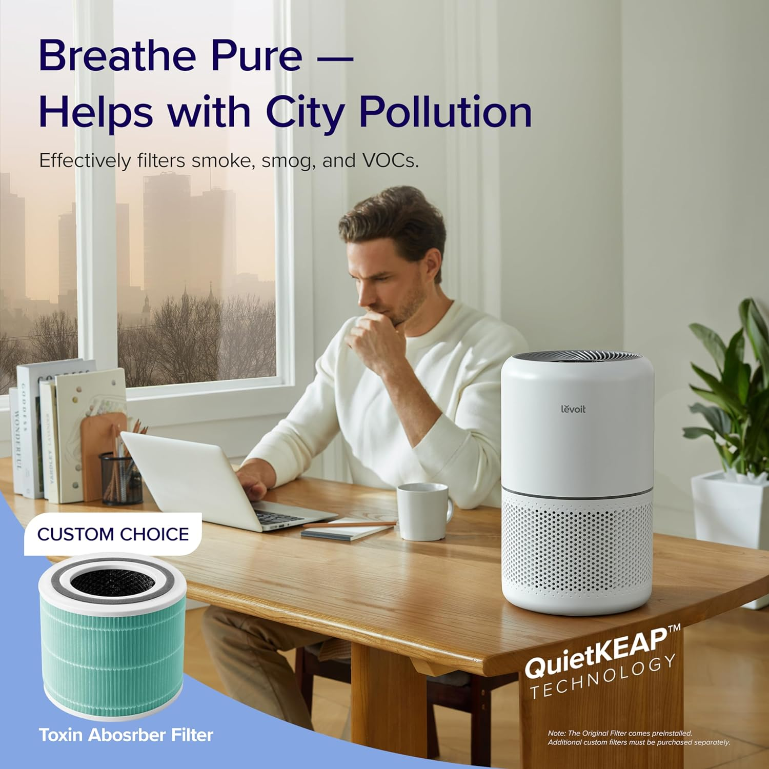 Air Purifiers for Home Dust Smoke Pet Hair, up to 40M&sup2;, H13 True HEPA Air Filter with Timer, Sleep Mode, Ozone Free, 24Db Quiet Air Cleaner for Bedroom, Office, Core 300, White image number 6