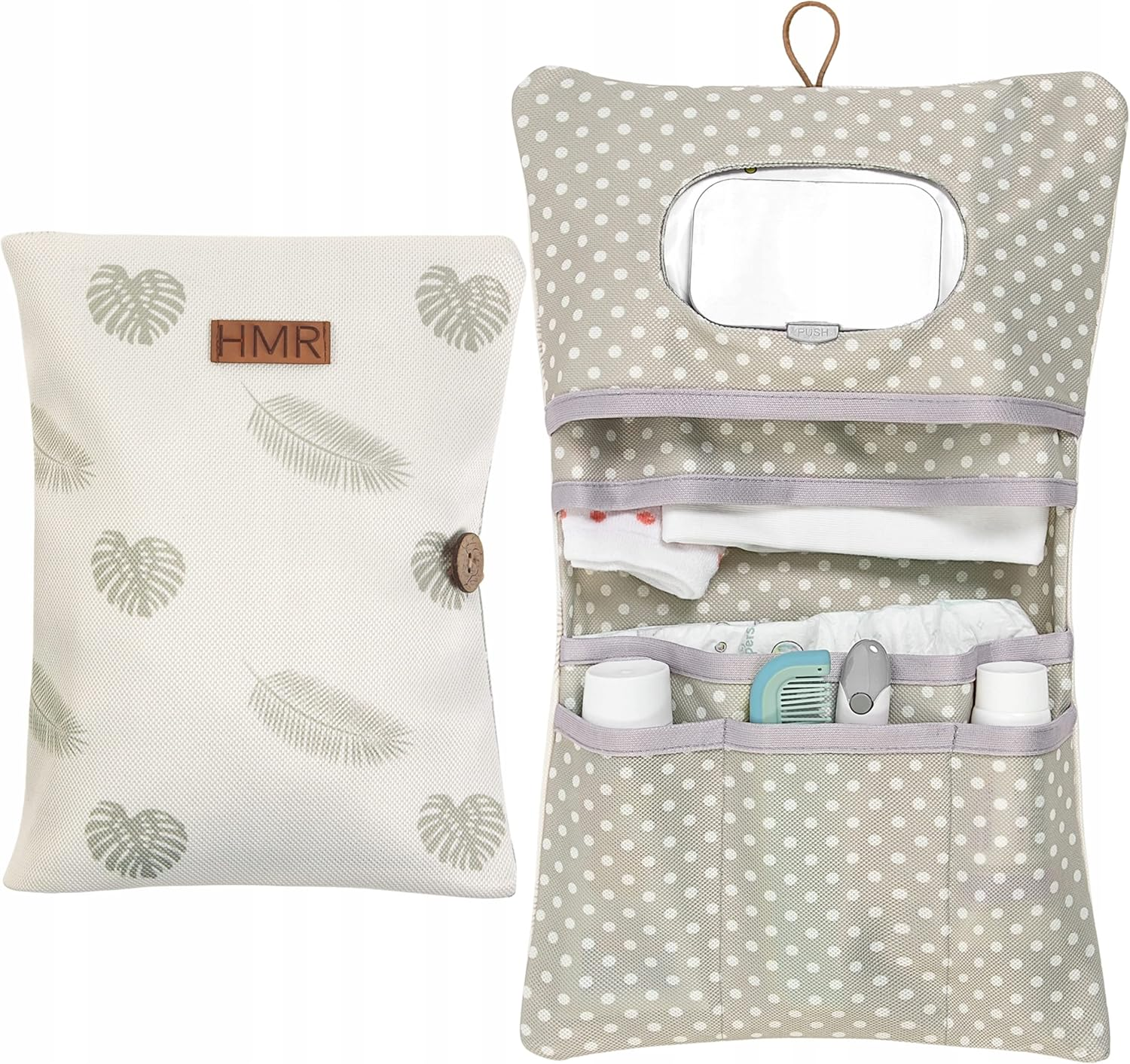 HAMUR HOME Nappy Bag Organiser and Cosmetic Bag 2-In-1 - Small Changing Bag for on the Go Mums Nappies Cream Wipes Baby Organiser, Leaves, Leaves - Grey image number 4
