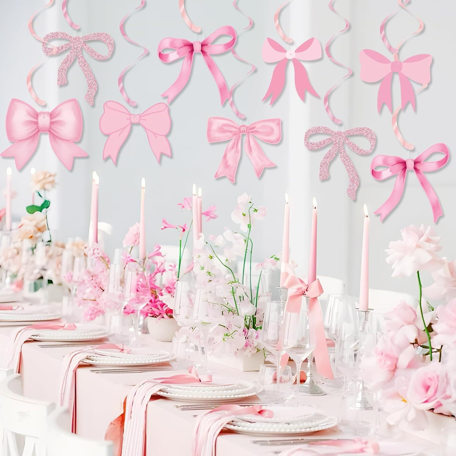 Pink Bow Party Decorations Garland Banner Hanging Swirls Set, 14 Piece Pink Bow Birthday Banner Party Hanging Swirls Set