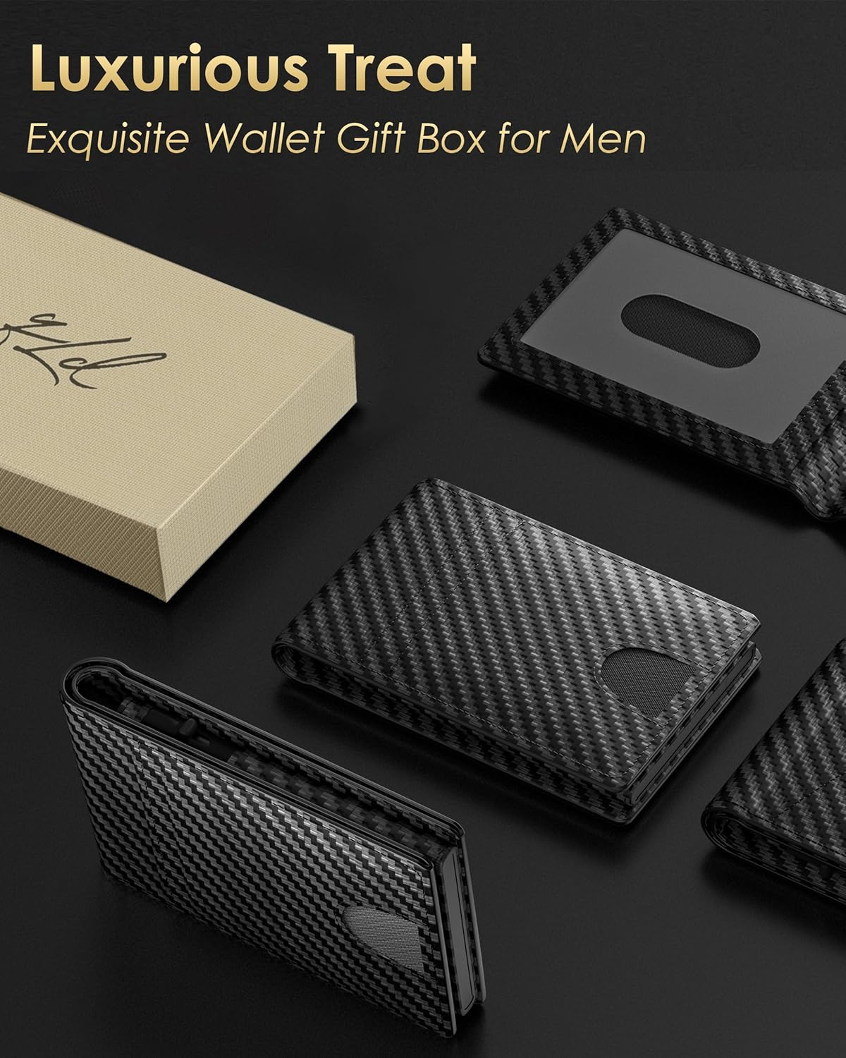QLD Minimalist Wallet for Men - Slim RFID Blocking Bifold Credit Card Holder Leather Pop up Wallet Aluminum Case with Cash Slot, Front Pocket with ID Window, Gift Boxed, Carbon Fiber, Minimalist - Carbon Fiber image number 4