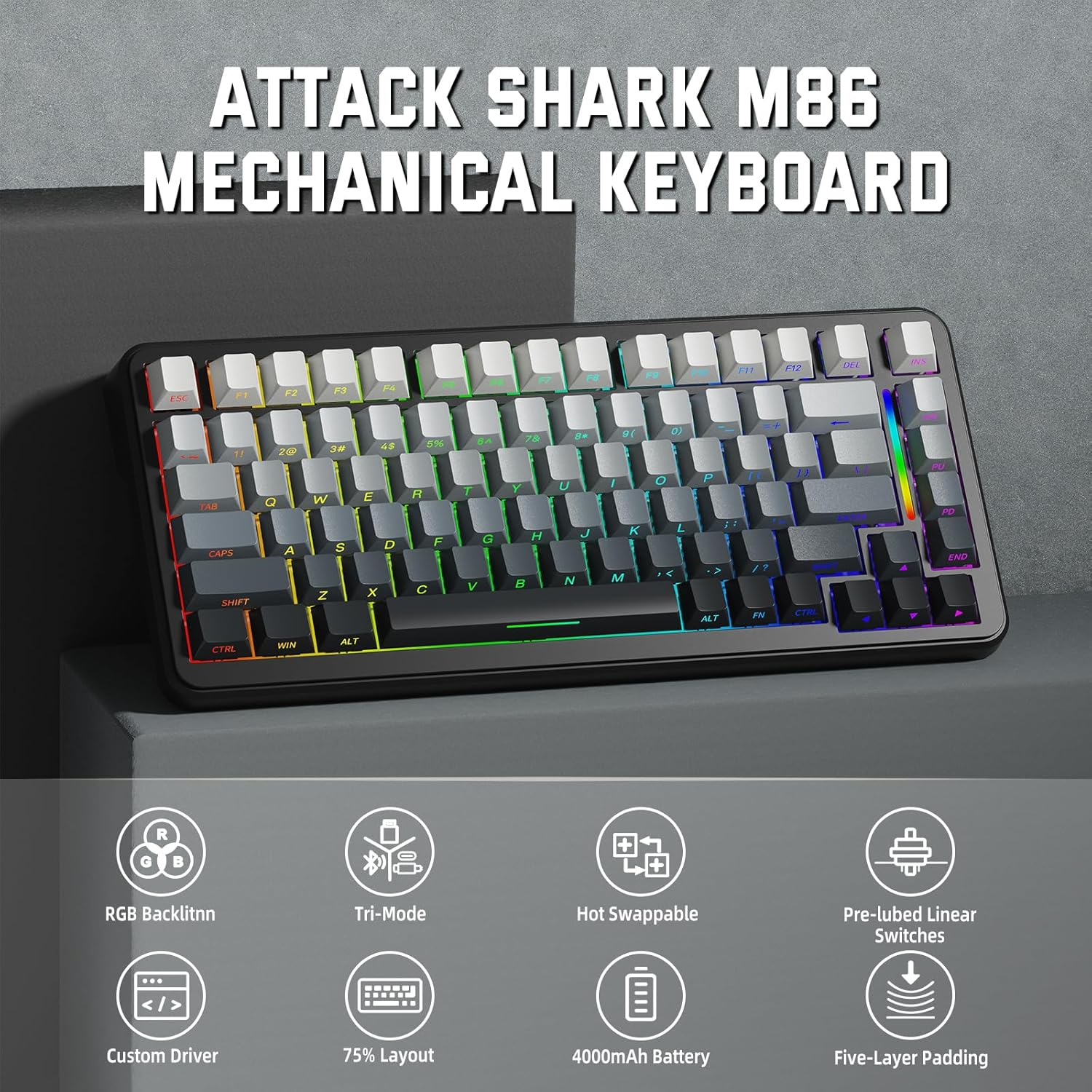 Lexonelec X ATTACK SHARK M86 Pro Wireless Mechanical Keyboard, Bt/2.4G/Wired, 4000Mah, Hot Replaceable Linear Switch, PBT Keys, QWERTY, RGB Keyboard with Spiral Cord. (Grey) - Blackberry image number 2