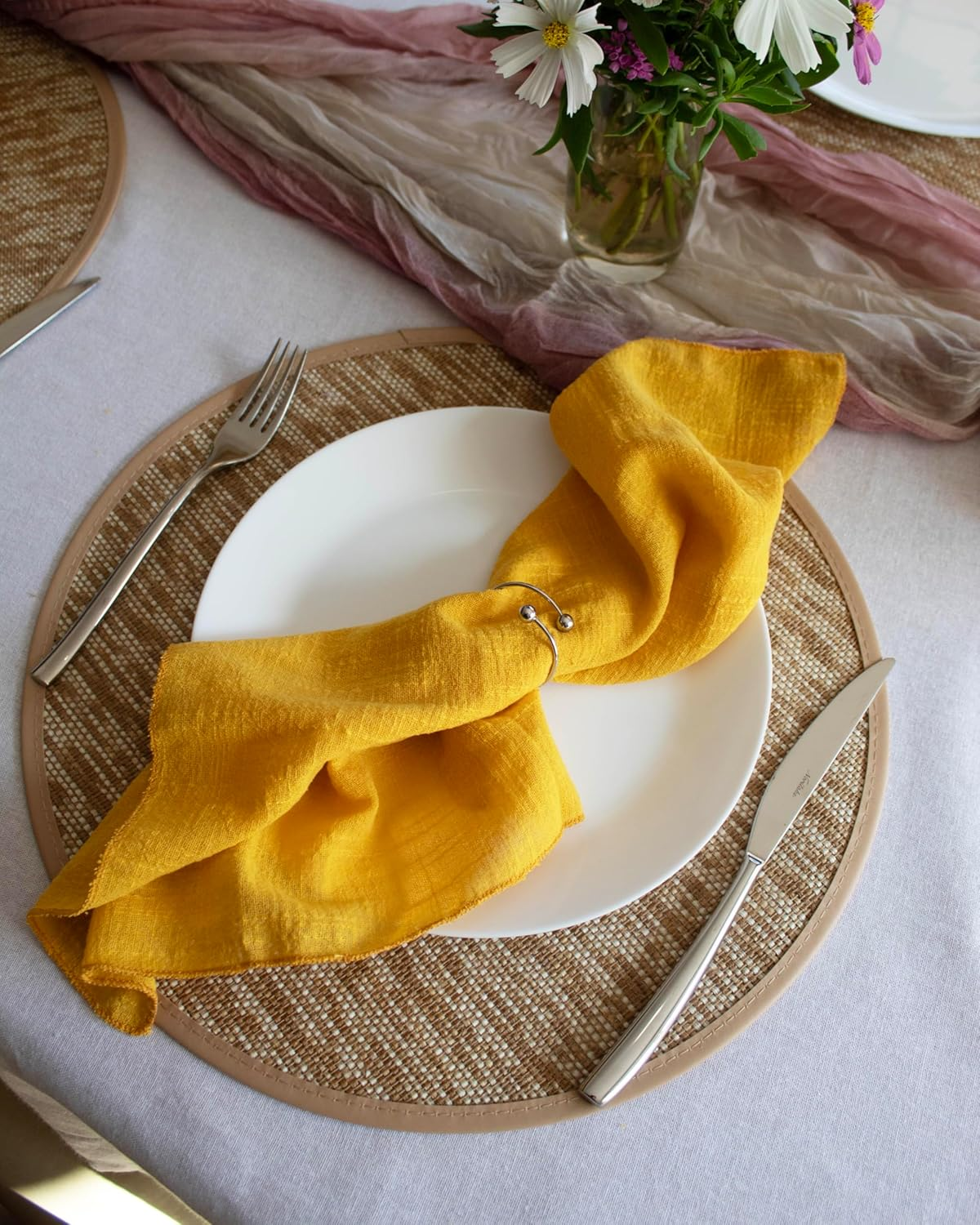 Generic Mustard Yellow 100% Linen Cloth Cotton Square Napkins, Set of 6, 40Cm X 40Cm | Wedding Shower Bridal Event Styling Table Decor | image number 3