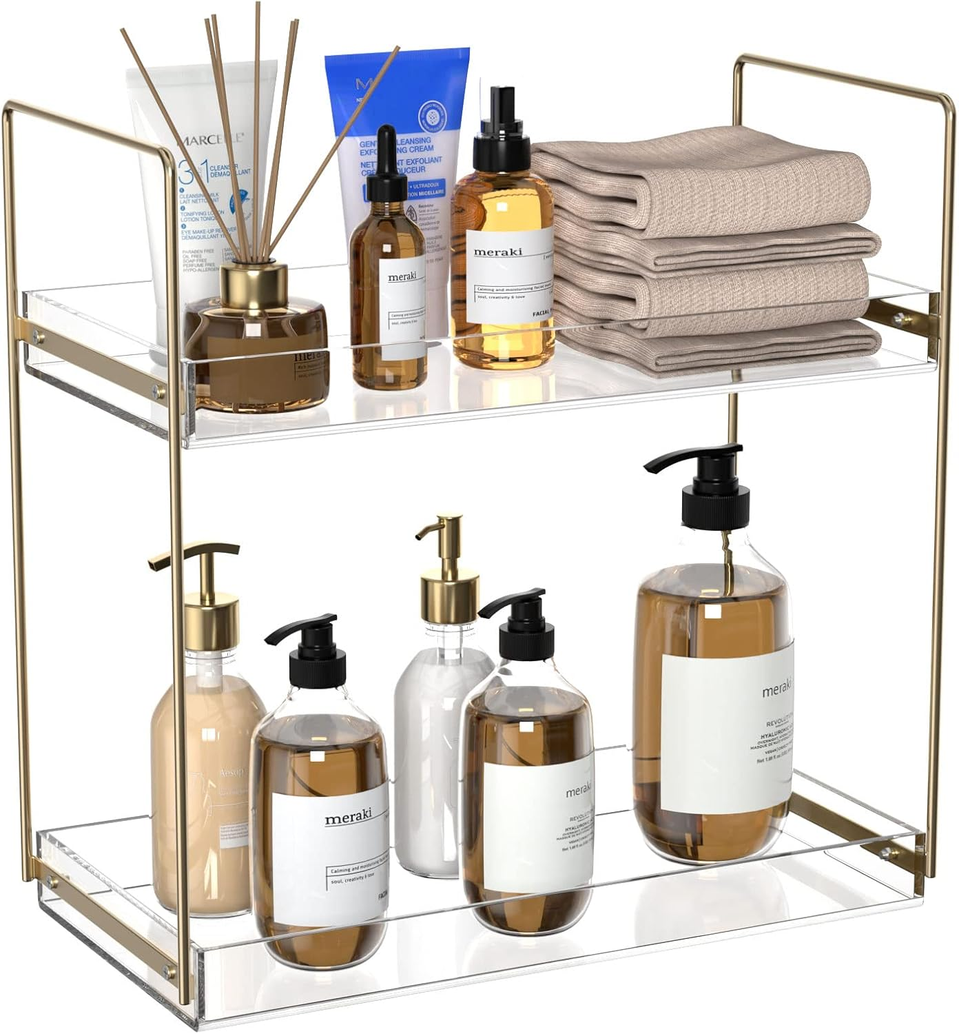 Bathroom Countertop Organizer, 2 Tier Acrylic Tray Vanity Counter Skincare Organizer Shelf, Kitchen under Sink Standing Rack, Home Storage Holder for Lotion Makeup Cosmetics Perfume Spice, Gold image number 3
