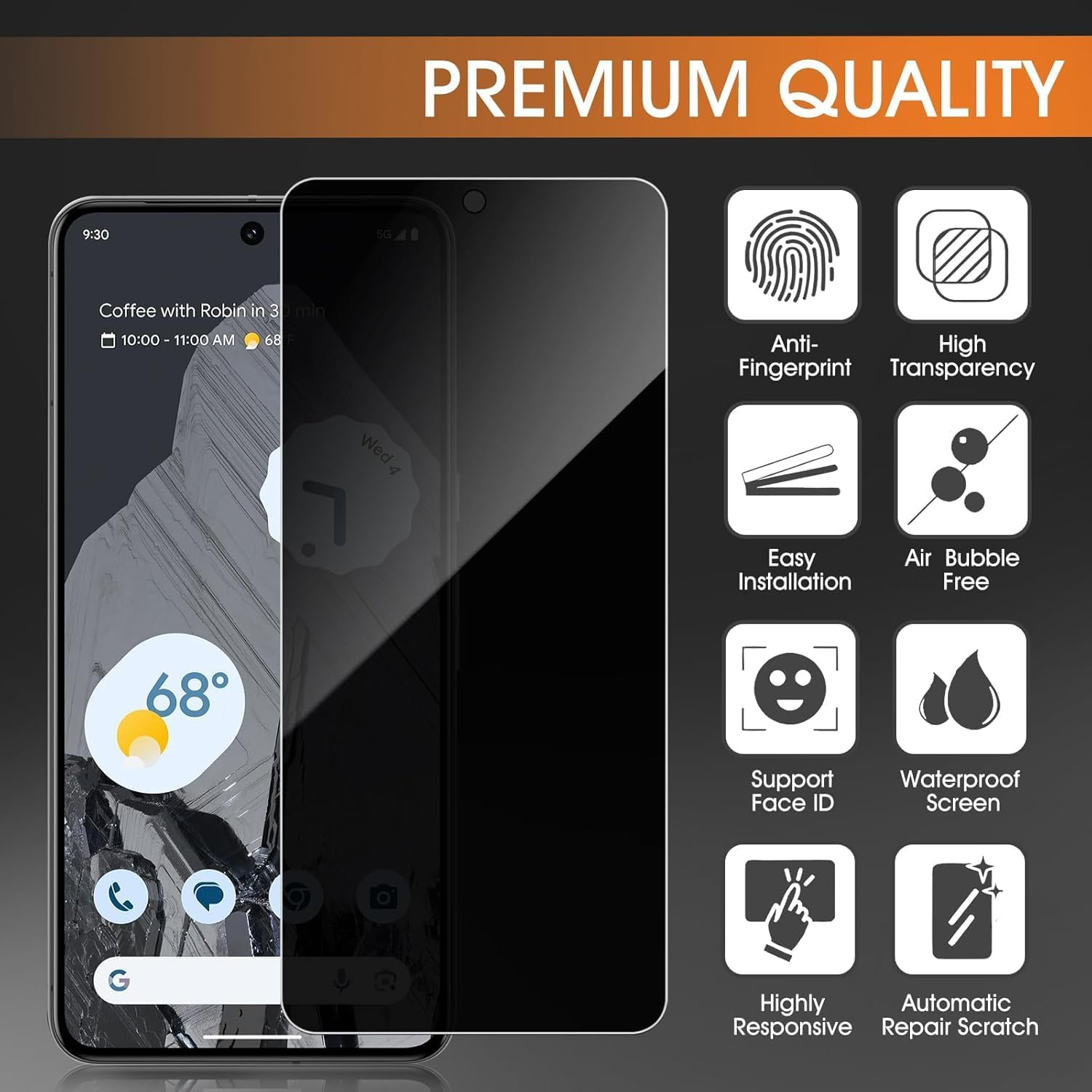 Zonyee 3 Pack Privacy Screen Protector for Google Pixel 10 Pro, 9H Hardness Anti-Spy Full Adhesive Coverage Tempered Glass Film for Google Pixel 10 Pro [Support Fingerprint Reader, Anti-Fingerprint] image number 6