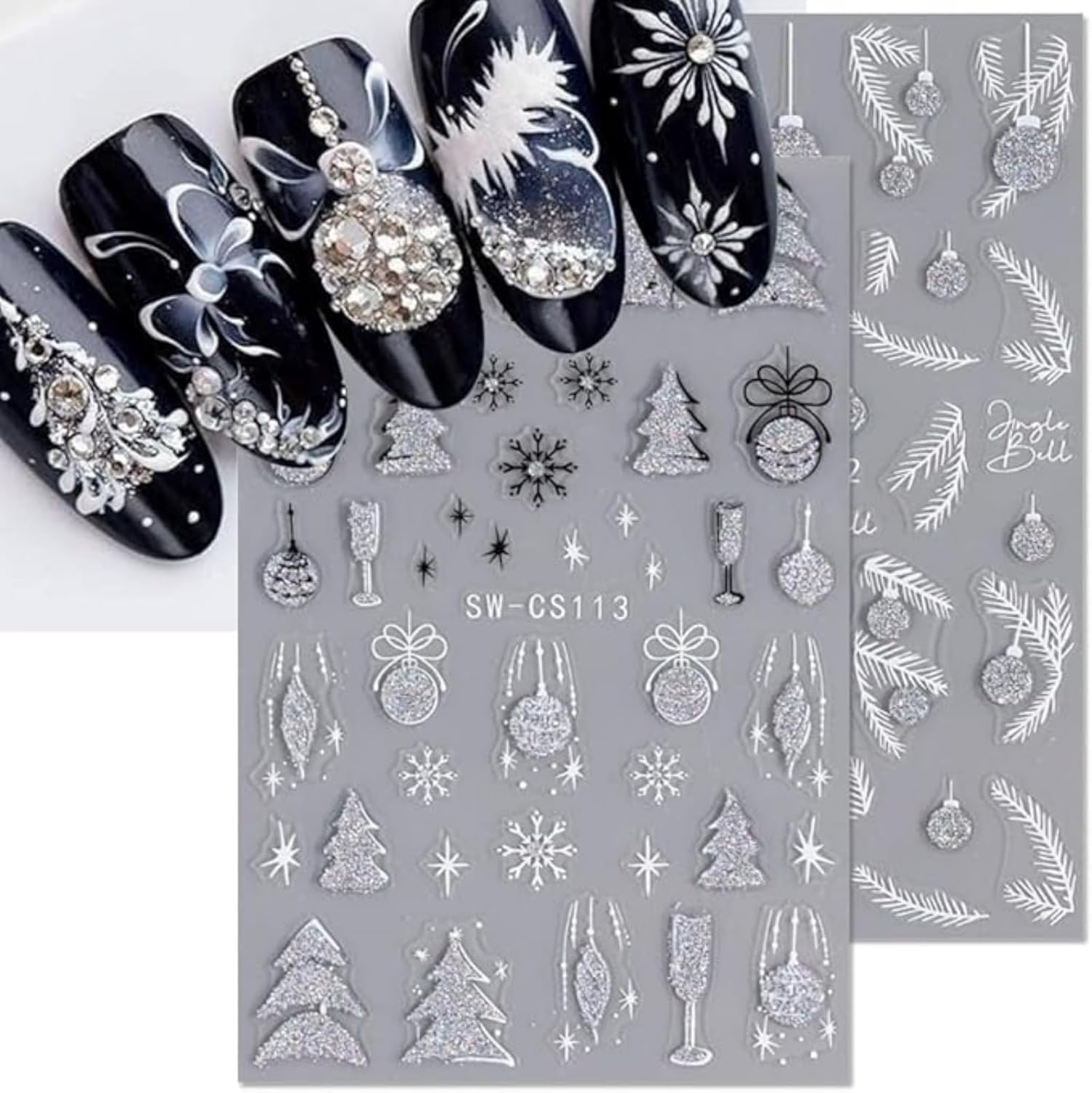 Itadaku 4 Sheets Christmas Nails Stickers, Glitter Xmas Tree, Silver Jingle Bell, Pine Leaf, 3D Snowflake & Star Nail Art Decals, Holiday Nail Design Accessories for Women & Girls image number 5