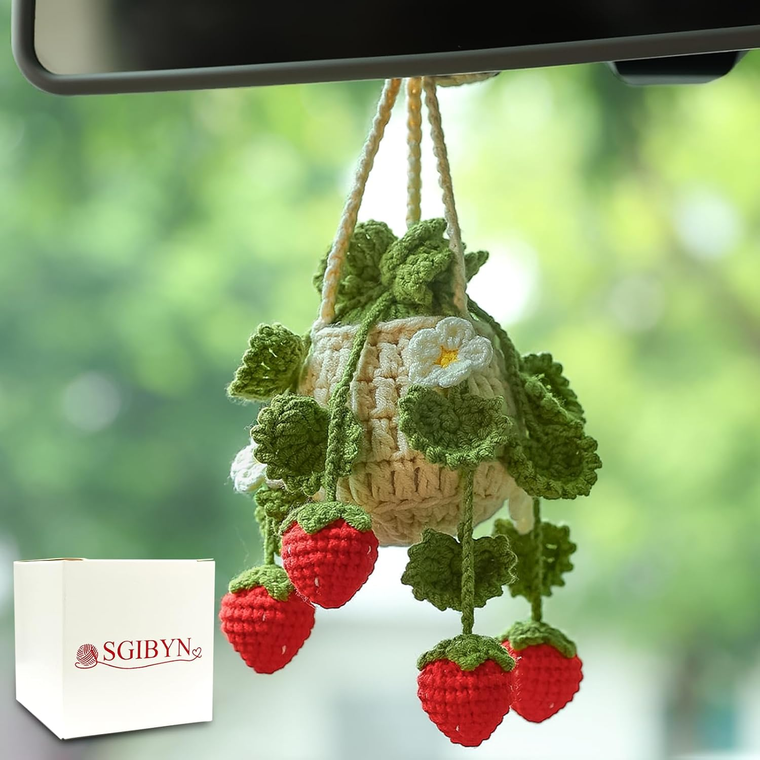 Crochet Hanging Plant for Car Decorations Interior,Cute Plant Strawberry Aesthetic Car Ornaments Charms Accessories for Rear View Mirror - Cutout Leaves image number 7