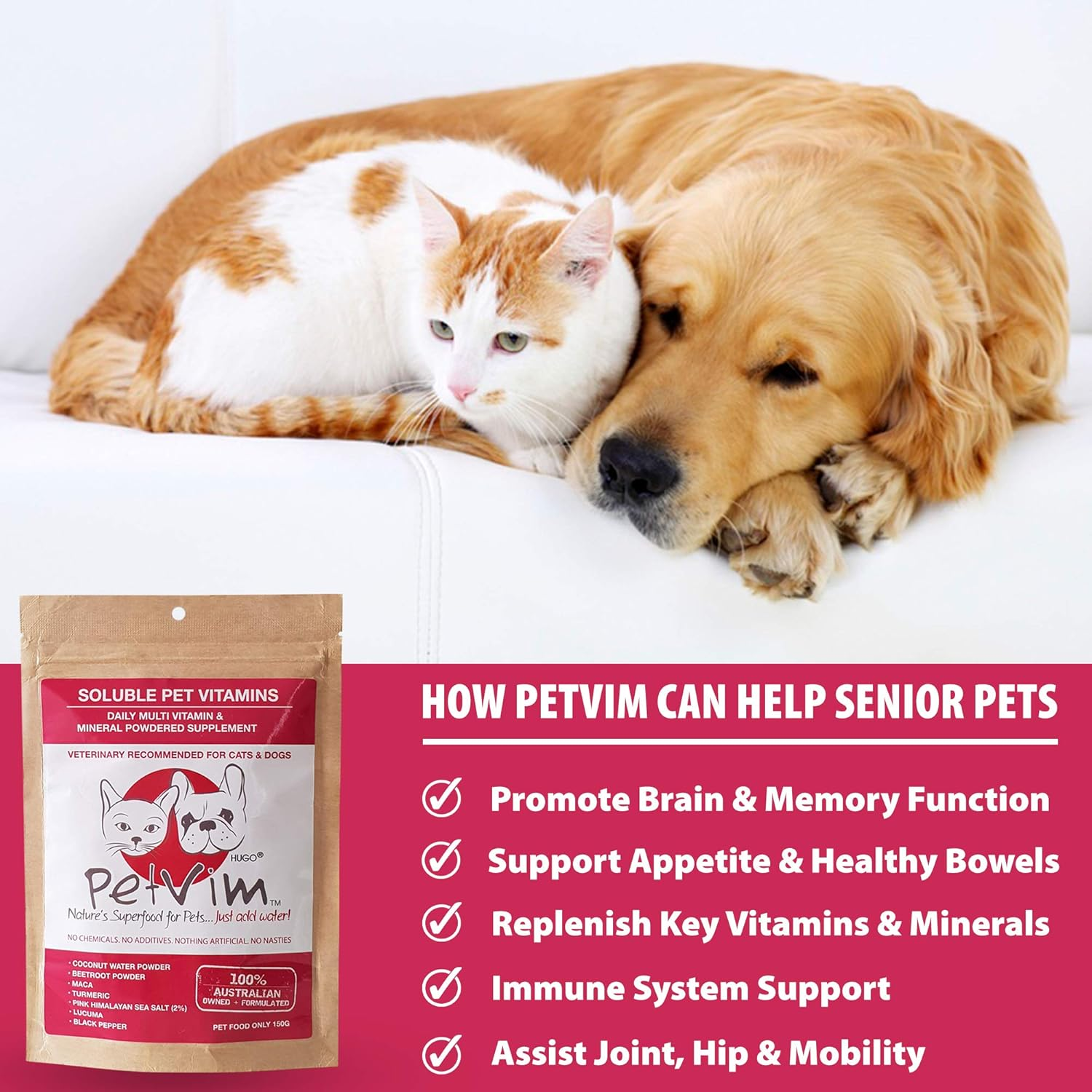 Organic Pet Superfood Vitamin Supplement. Rapid Health & Immune Booster for Cats/ Dogs, Sick/Old/Senior Pets. Small/Medium/Large Breeds. Assists Mobility in Hips & Joints/Helps Relieve Allergies/ Promotes Brain & Memory Health, Energy, Digestion & Shiny Coat. Daily Key Essential Vitamins, Minerals, Antioxidants & Electrolytes. Grain Free. All-In-1. GREAT TASTE. Powder 150G. $29.95