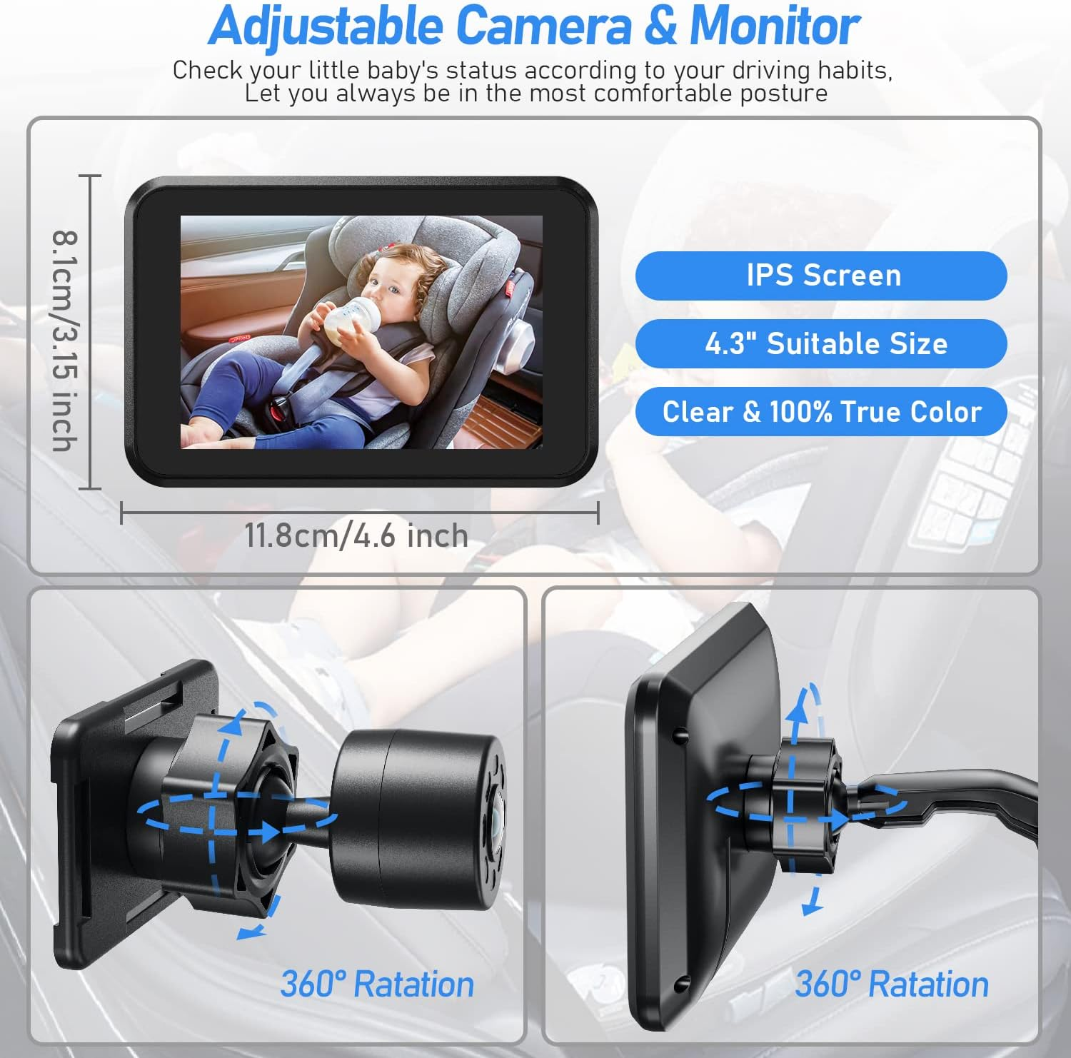 Itomoro Baby Car Camera, 4.3" HD Night Vision Car Baby Monitor with Camera, Safety Seat Baby Car Mirror for Rear Facing 5 Mins Easy Installation ACZ401 image number 4