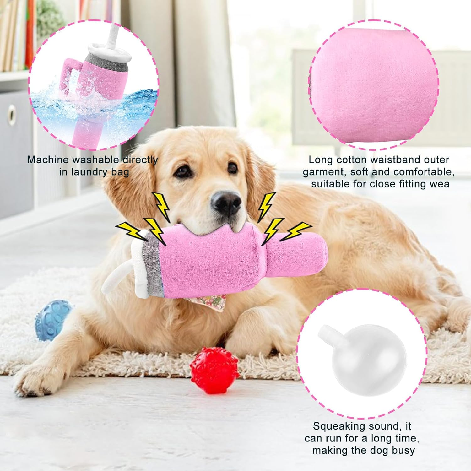 Tumbler Cup for Dogs - Funny Pink Dog Toy, Cute Plush Pup Bottle