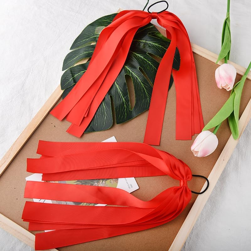 Christmas Hair Ribbon Bow Tie Christmas Hair Accessories for Women Elastic Red Bow Hair Ties Silk Long Hair Scrunchies Ties with Bow Satin Christmas Ponytail Holder 2PCS Ribbon Hair Tie Bows image number 5