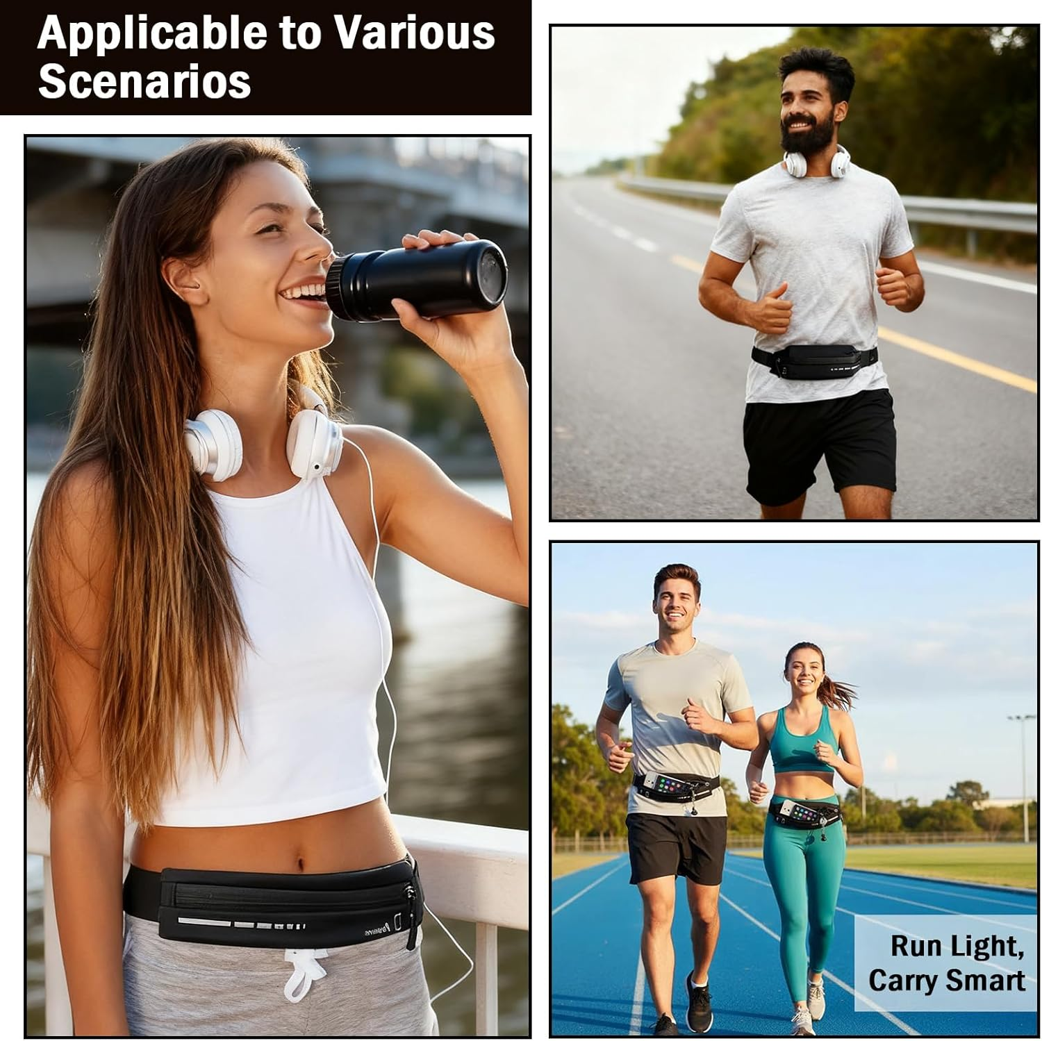 Running Belt for Men, Running Vest Waist Pack with Phone Holder, Fanny Pack for Runners Workout Jogging, Money Belt Running Accessories, Black One Size image number 1