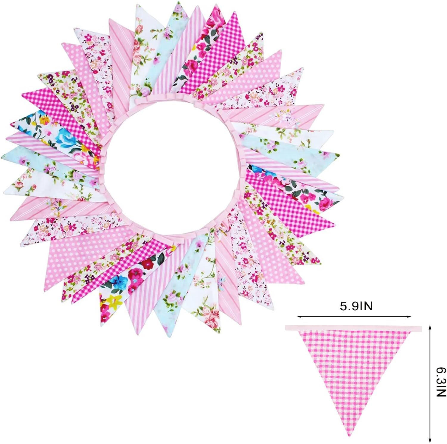 33Ft Floral Triangle Flags, Vintage Bright Triangle Pennants, Bunting Garland Fabric Banner for Birthday Wedding Garden Baby Shower Wonderland Tea Party Bedroom Decor Outdoor Home (Pink Floral) image number 5