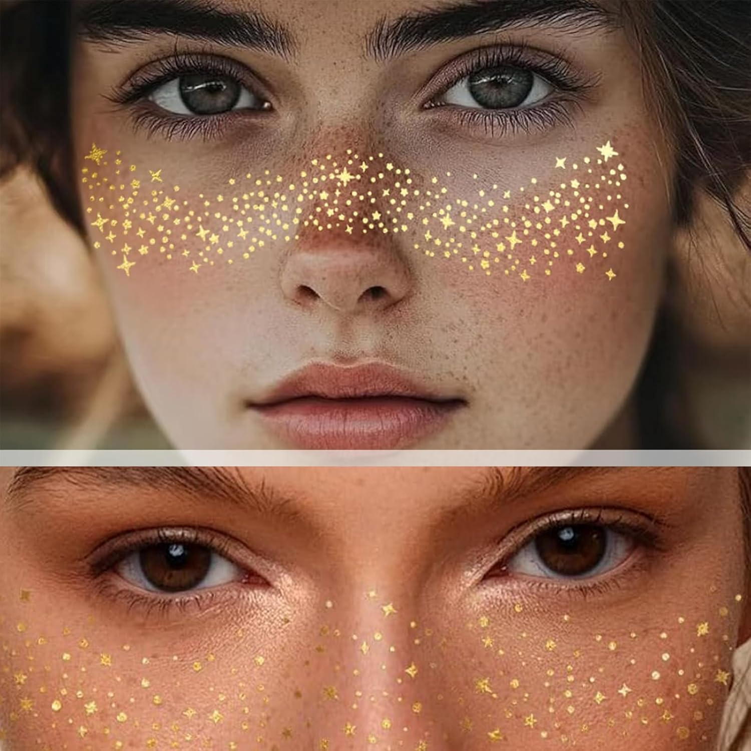 Agwenkui 10Pcs Glitter Freckles Face Tattoo - Natural-Looking Speckles Makeup Patches Freckles Tattoo with Speckles Patches for Face Makeup Glitter Designs (Gold Silver)