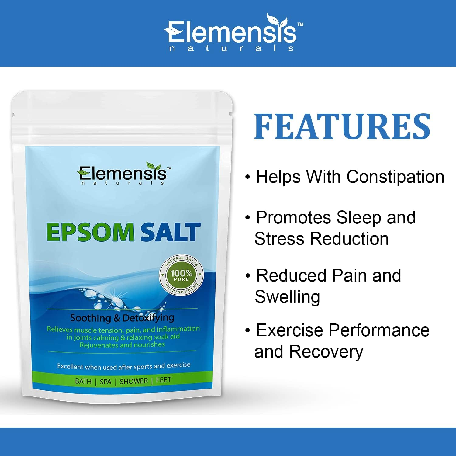 Elemensis Naturals Epsom Salt (Magnesium Sulphate) for Bathing, Relaxing Foot and Pain Relief Therapeutic Spa Treatment & Refreshing Body, 500Gm image number 4